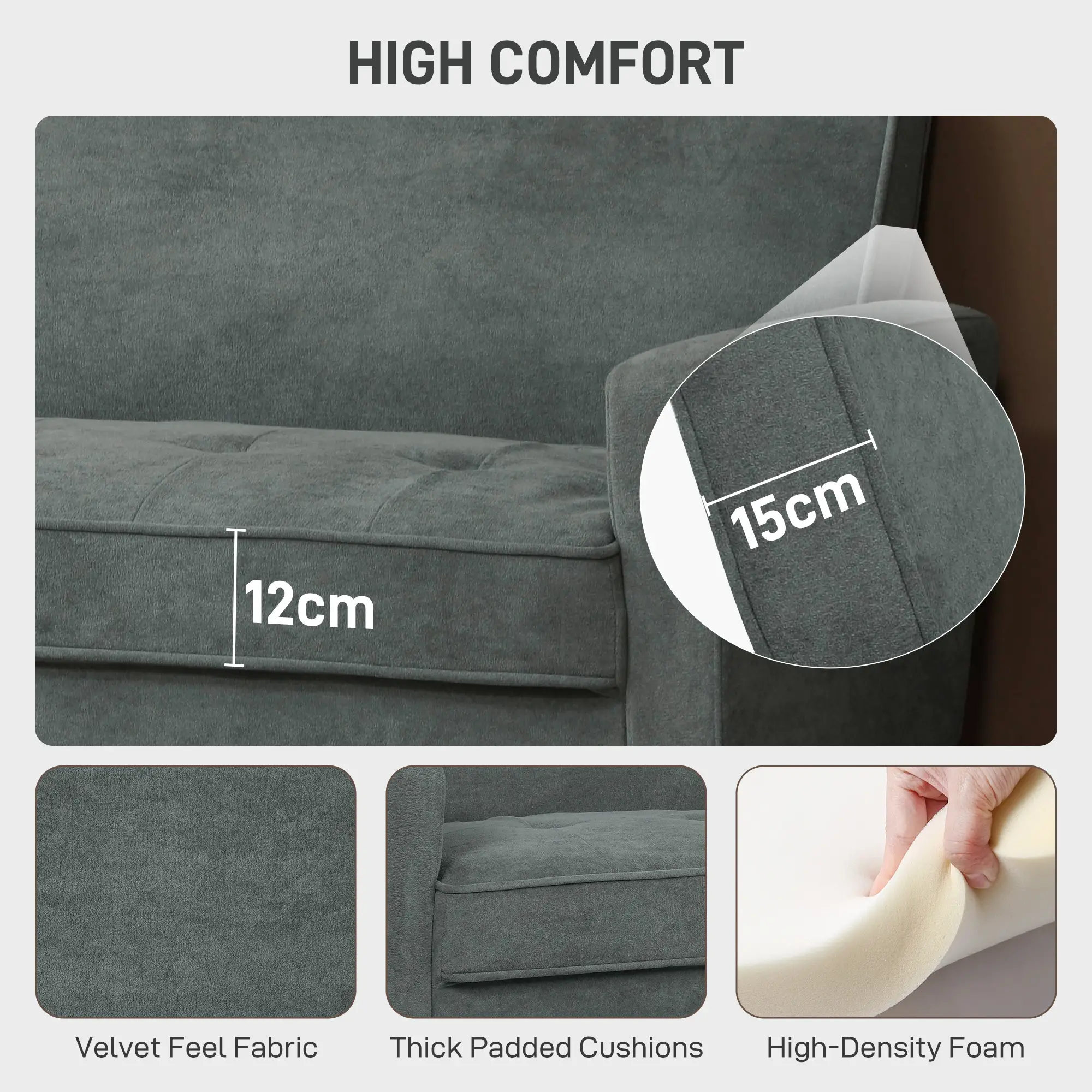 Velvet Sofa 130 x 74.5 x 82cm - Grey, Natural Wood - 4