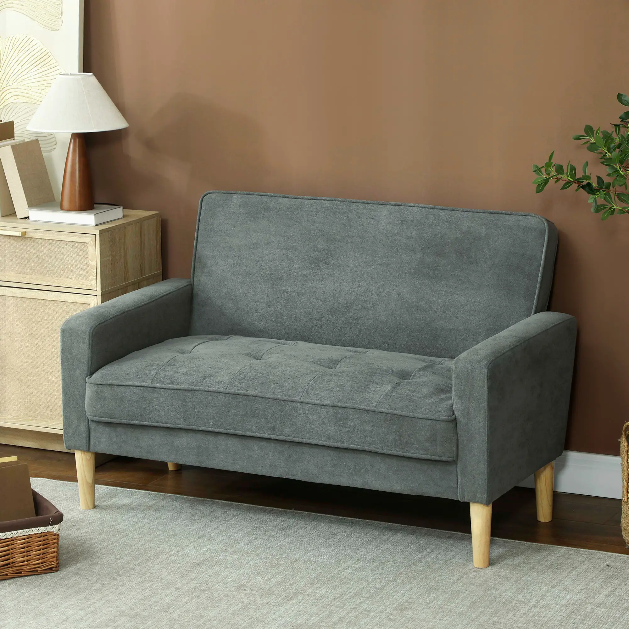 Velvet Sofa 130 x 74.5 x 82cm - Grey, Natural Wood - 10