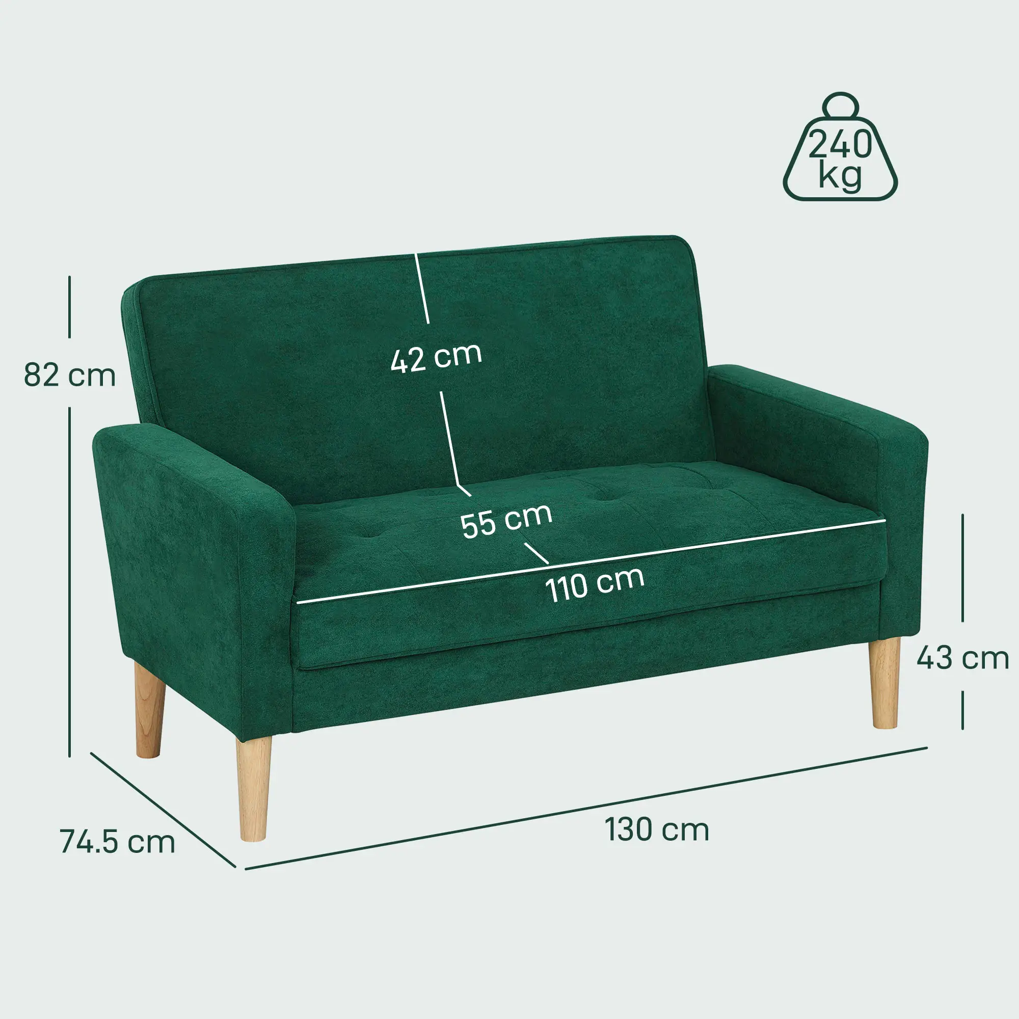 Velvet Sofa 130 x 74.5 x 82cm - Green, Natural Wood - 3