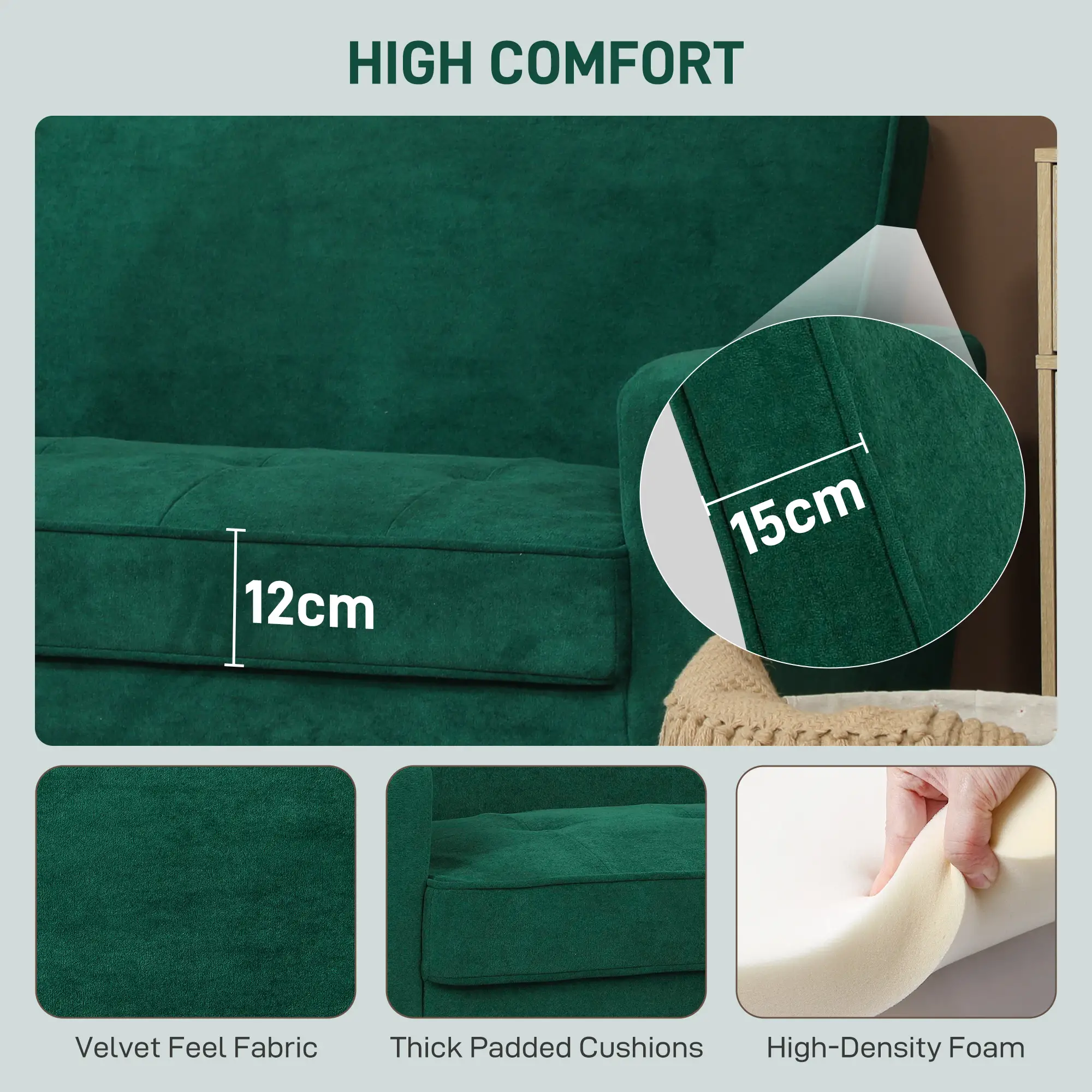 Velvet Sofa 130 x 74.5 x 82cm - Green, Natural Wood - 4