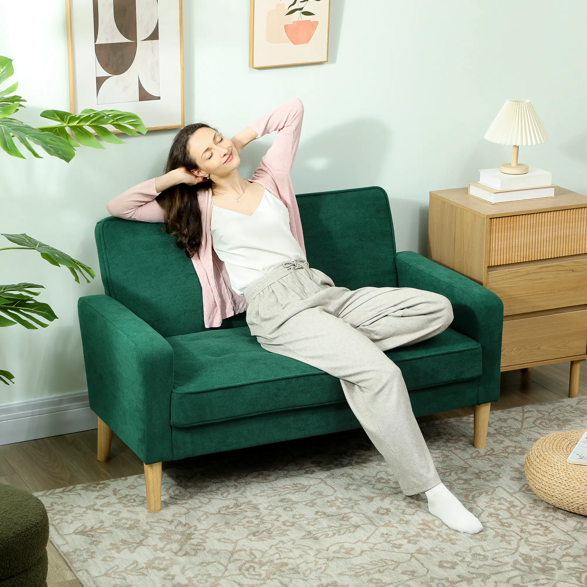 Velvet Sofa 130 x 74.5 x 82cm - Green, Natural Wood - 7