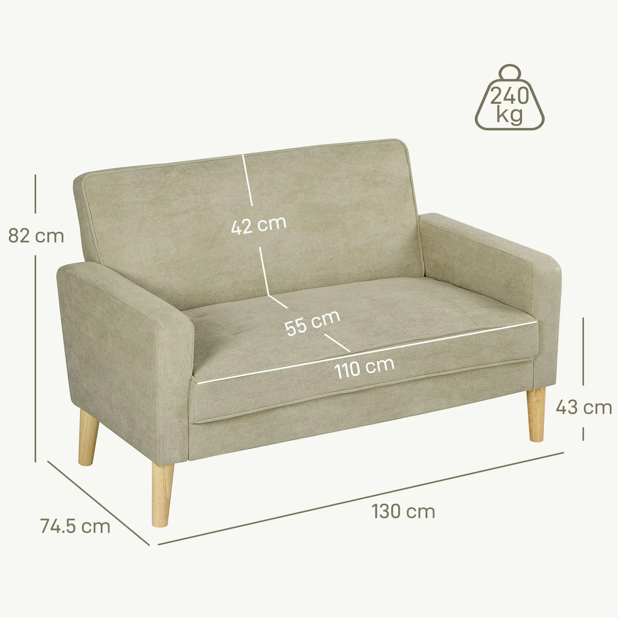 Velvet Sofa 130 x 74.5 x 82cm - Beige, Natural Wood - 3