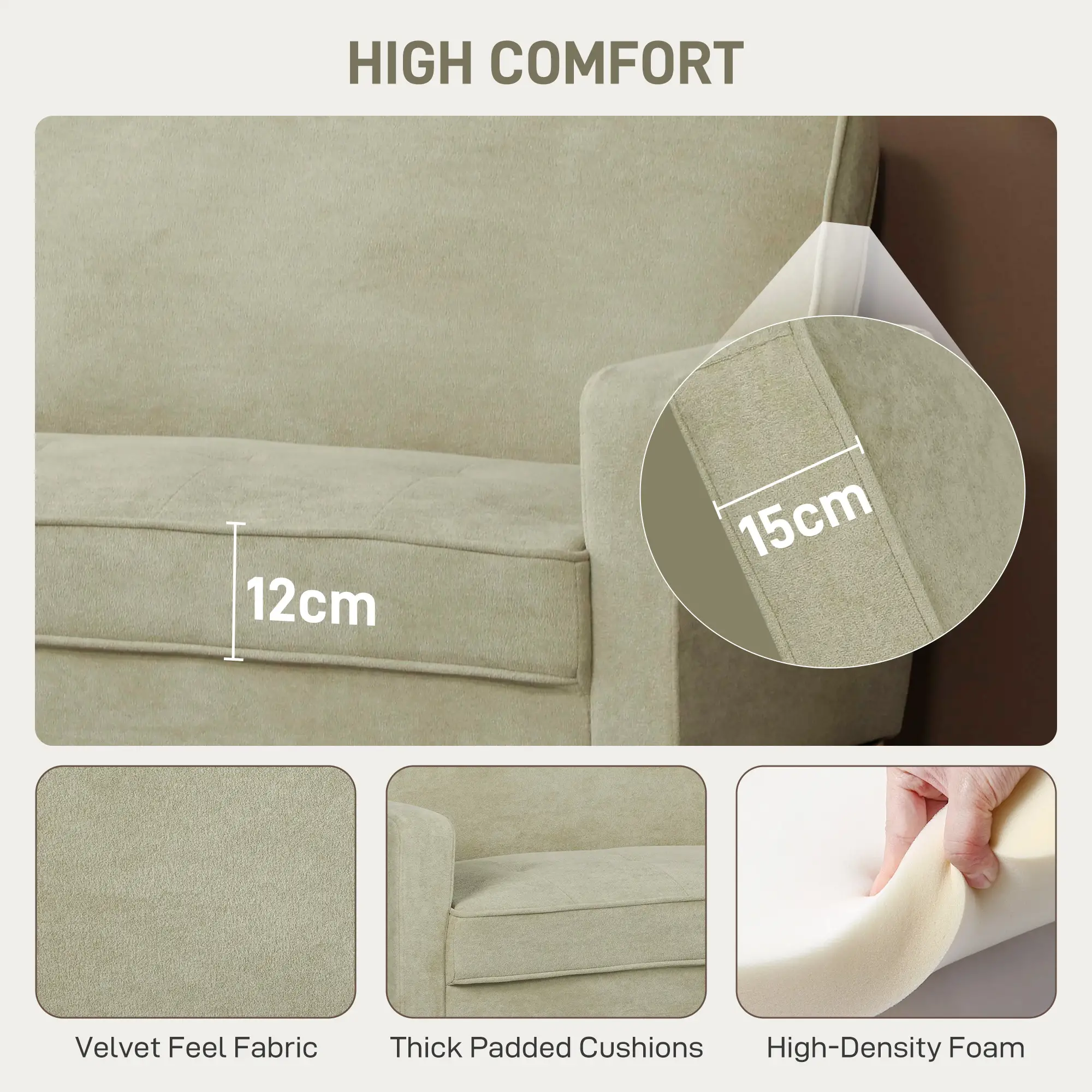 Velvet Sofa 130 x 74.5 x 82cm - Beige, Natural Wood - 4