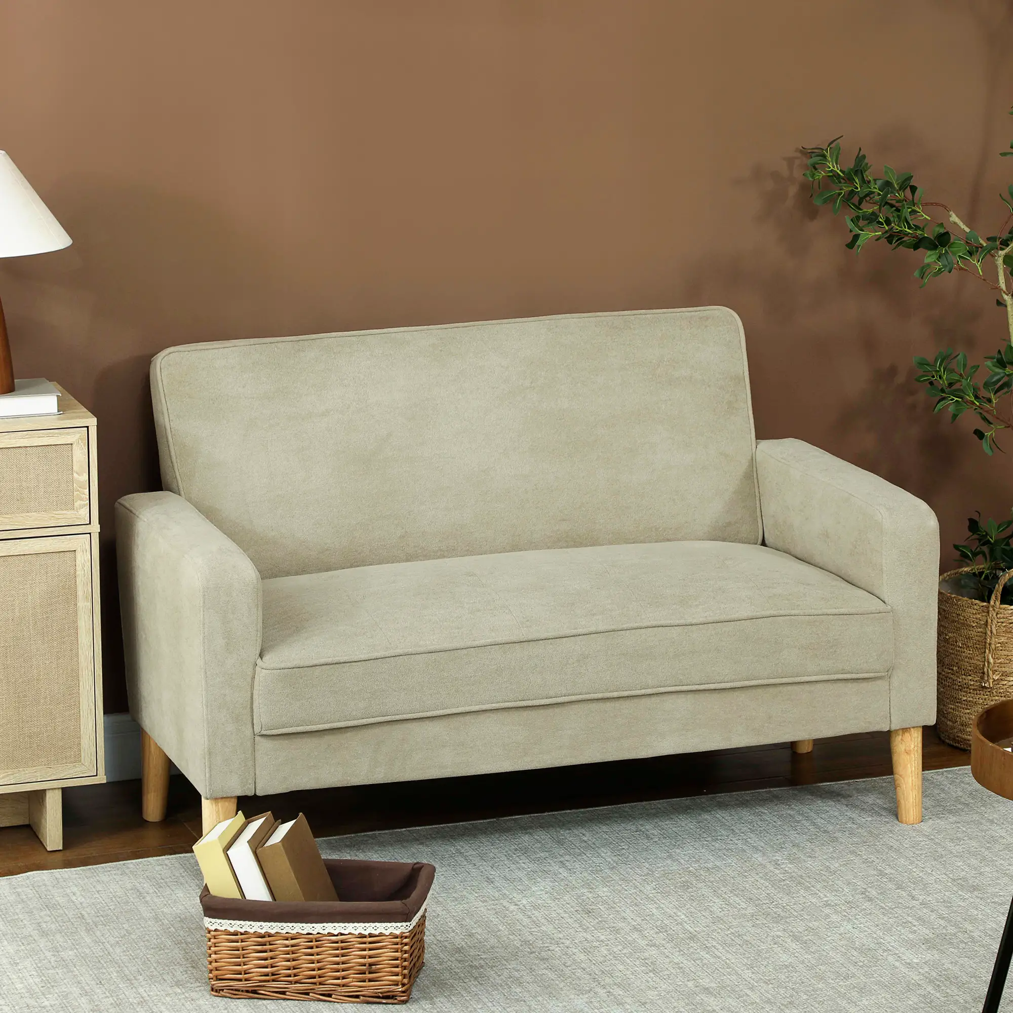 Velvet Sofa 130 x 74.5 x 82cm - Beige, Natural Wood - 10