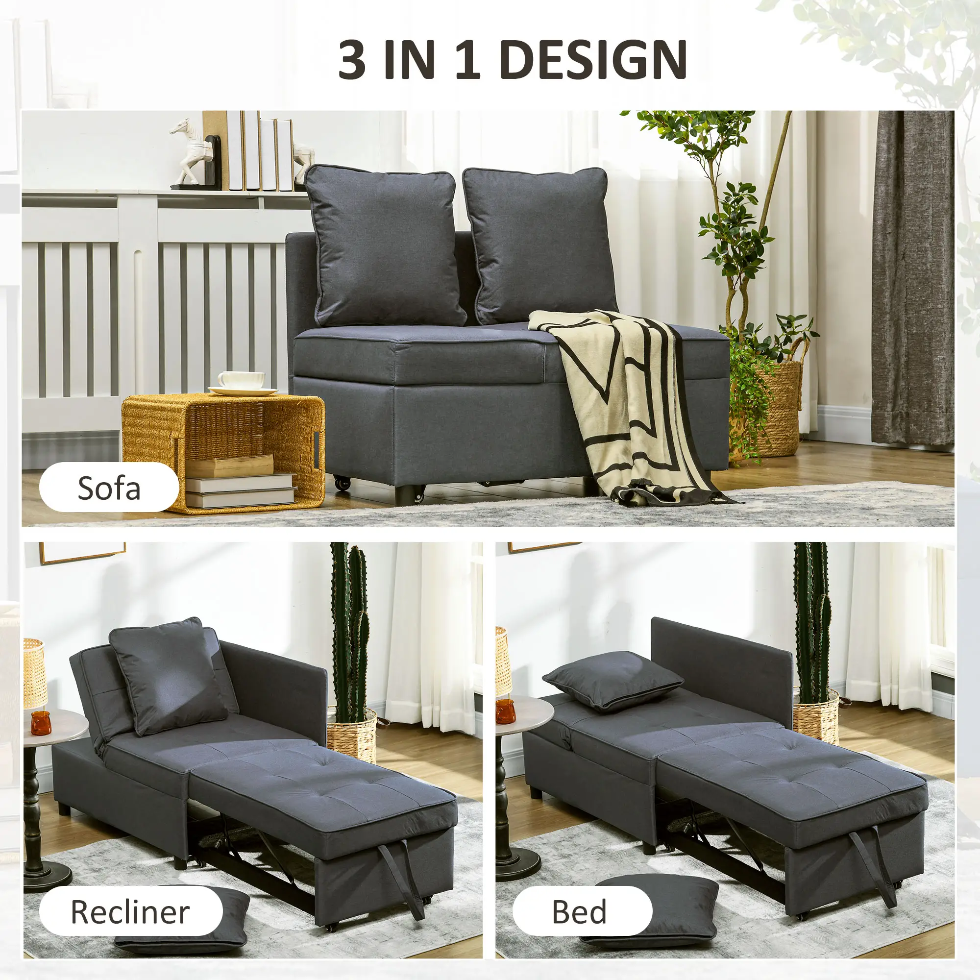 Linen Sofa Bed 67 x 98 x 71cm - Grey - 4