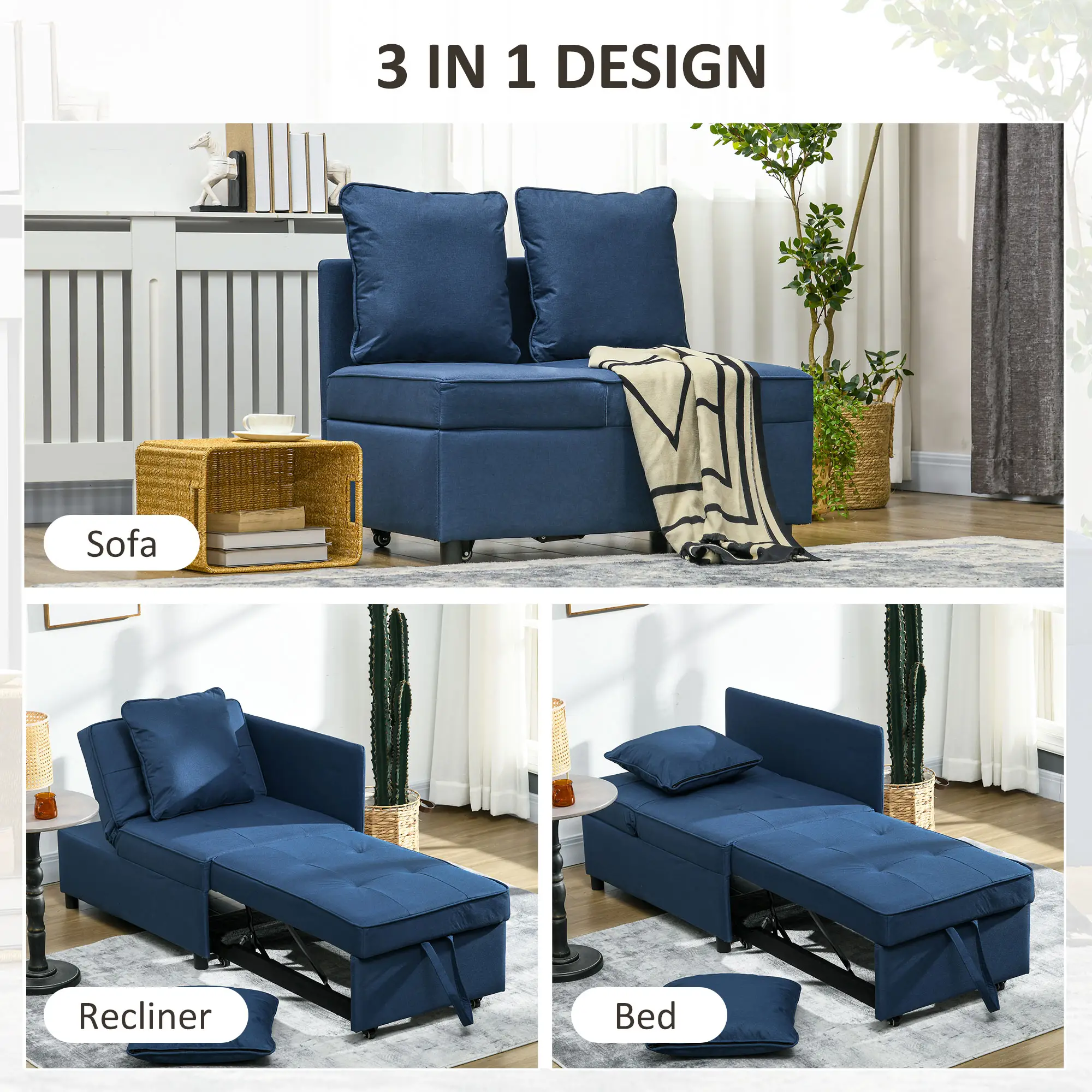 Linen Sofa Bed 67 x 98 x 71cm - Blue - 4