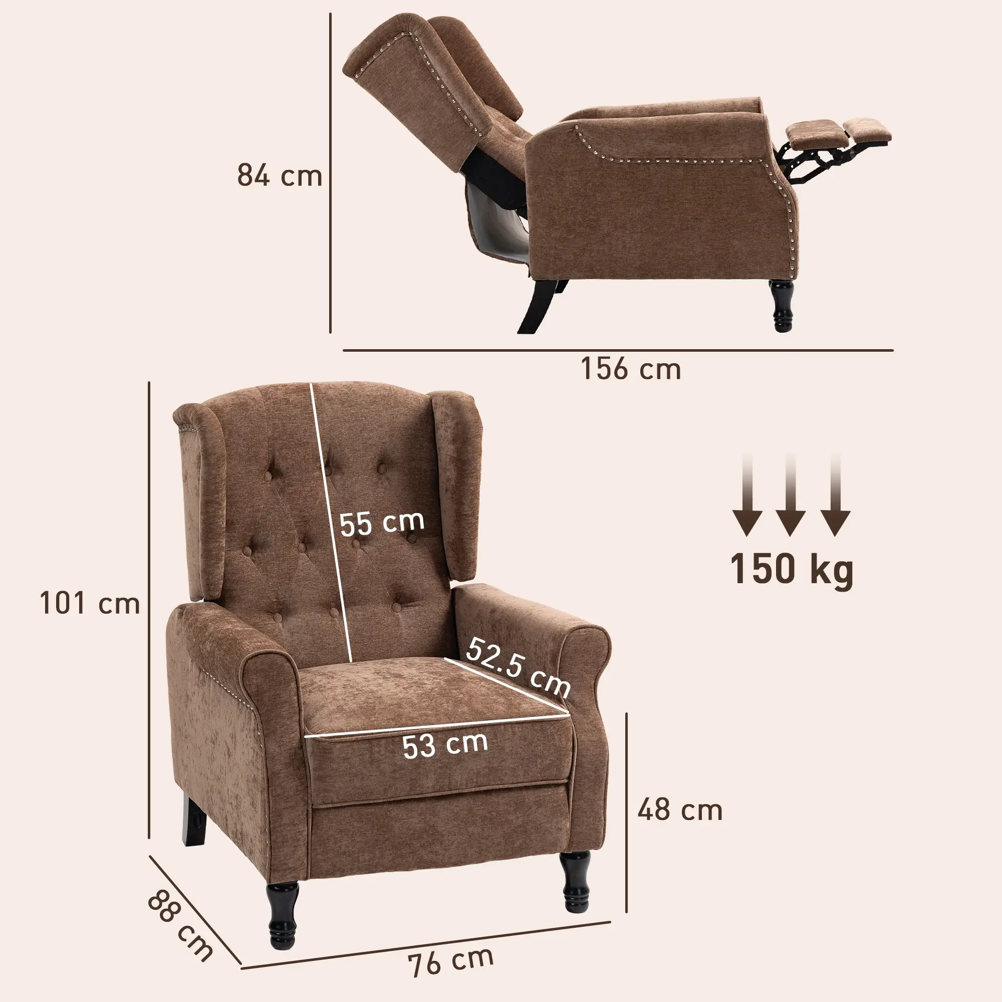 Manual Linen Recliner Armchair 76 x 88 x 101cm - Brown - 3