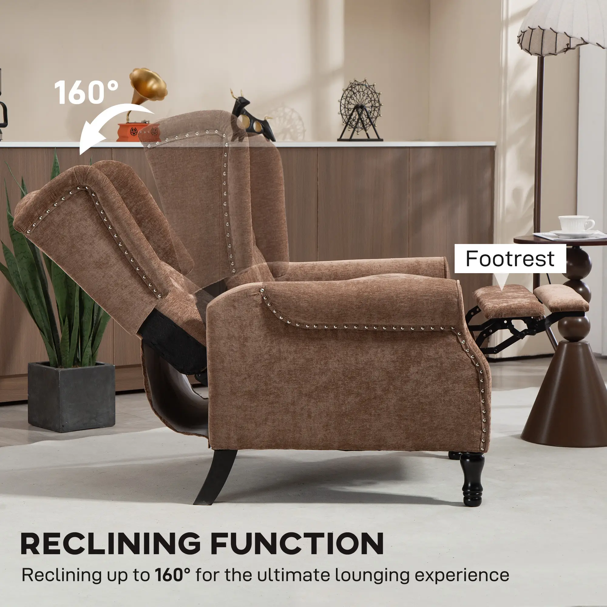 Manual Linen Recliner Armchair 76 x 88 x 101cm - Brown - 4