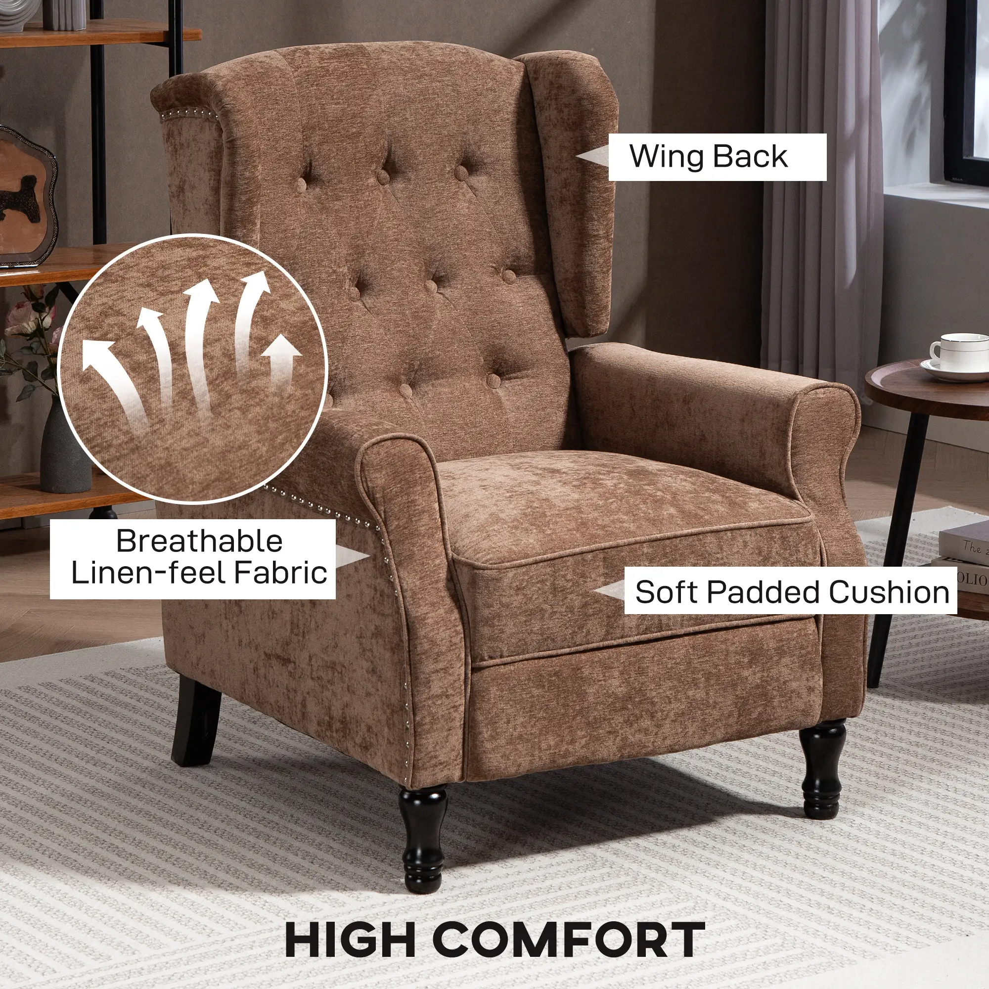 Manual Linen Recliner Armchair 76 x 88 x 101cm - Brown - 5