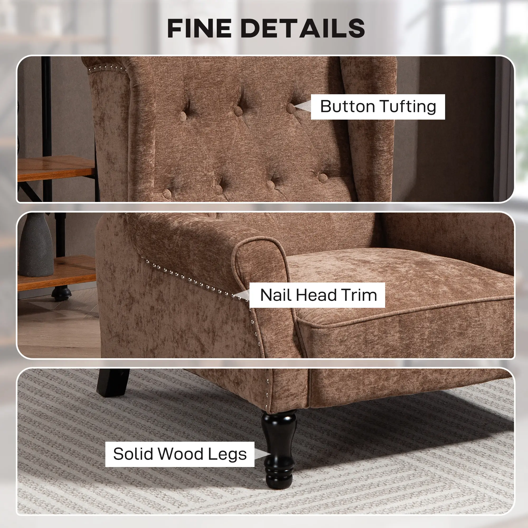 Manual Linen Recliner Armchair 76 x 88 x 101cm - Brown - 6