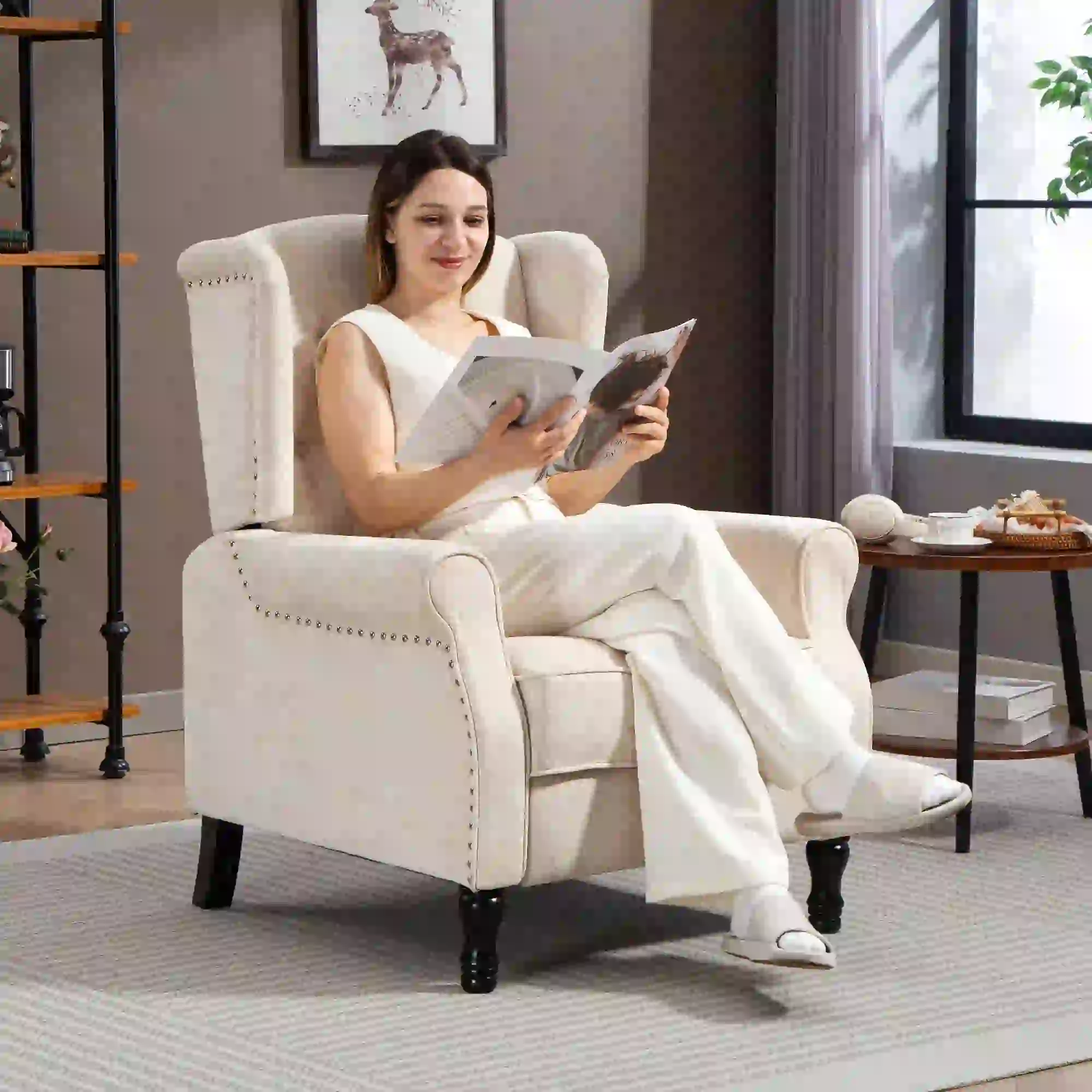 Manual Linen Recliner Armchair 76 x 88 x 101cm - Beige - 2