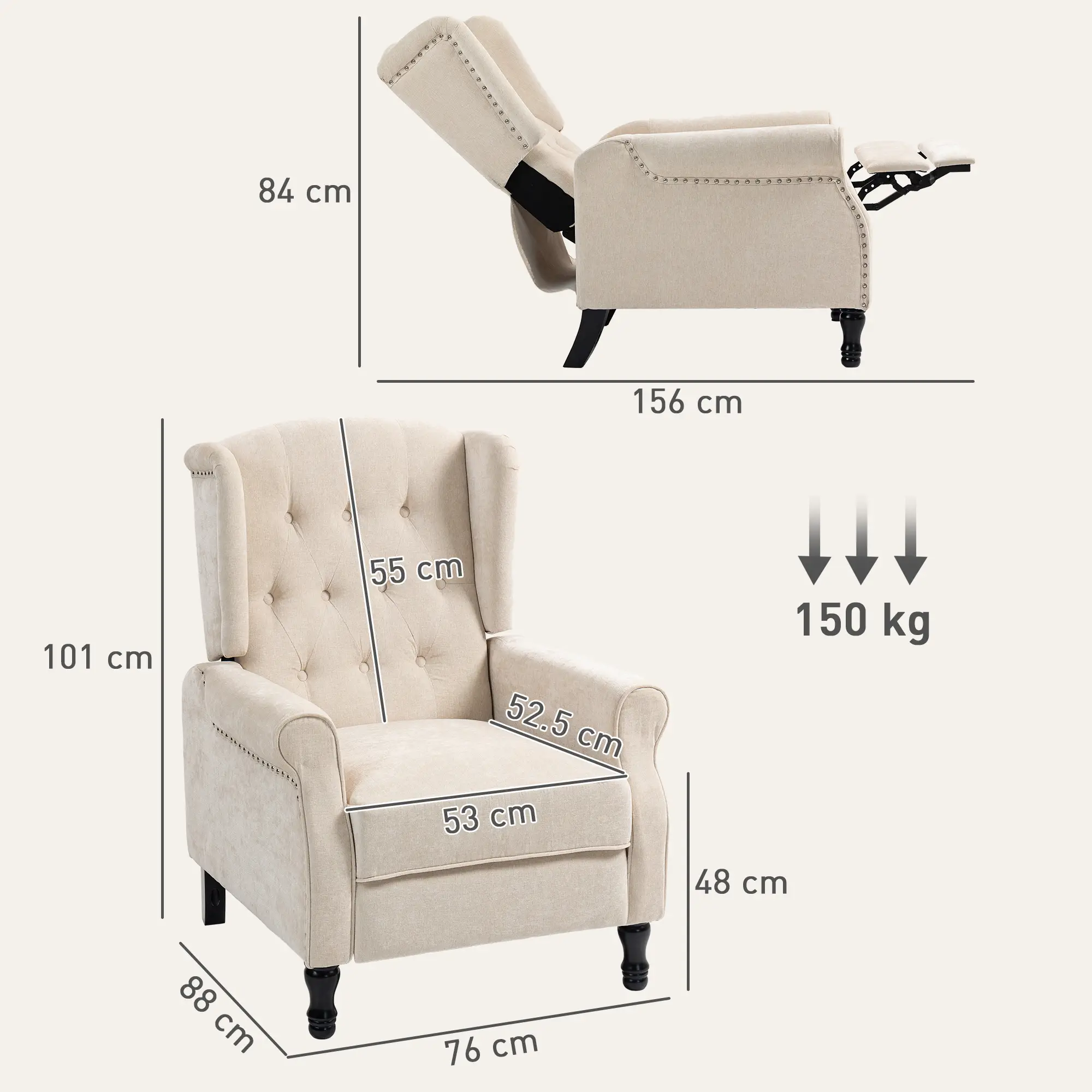 Manual Linen Recliner Armchair 76 x 88 x 101cm - Beige - 3
