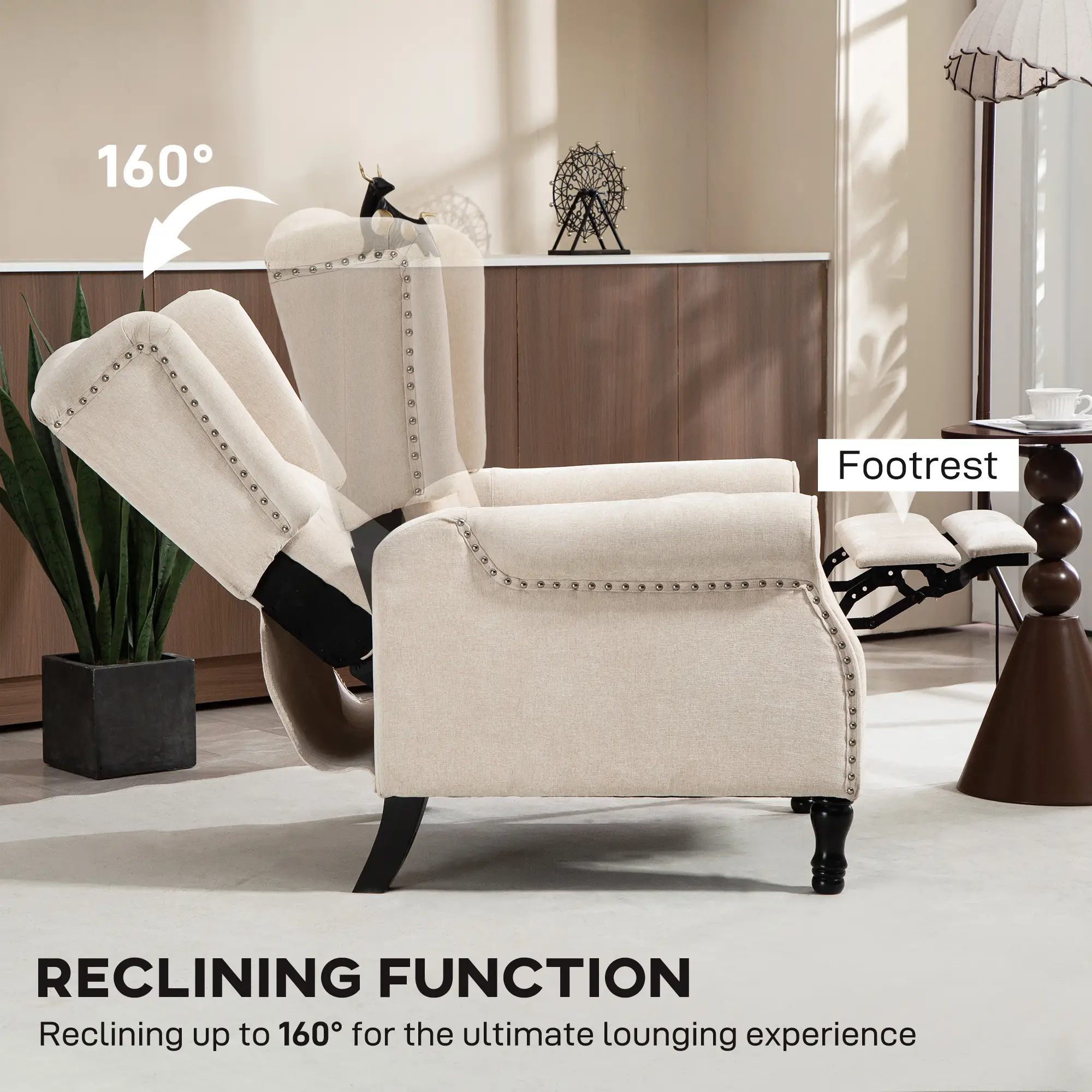 Manual Linen Recliner Armchair 76 x 88 x 101cm - Beige - 4