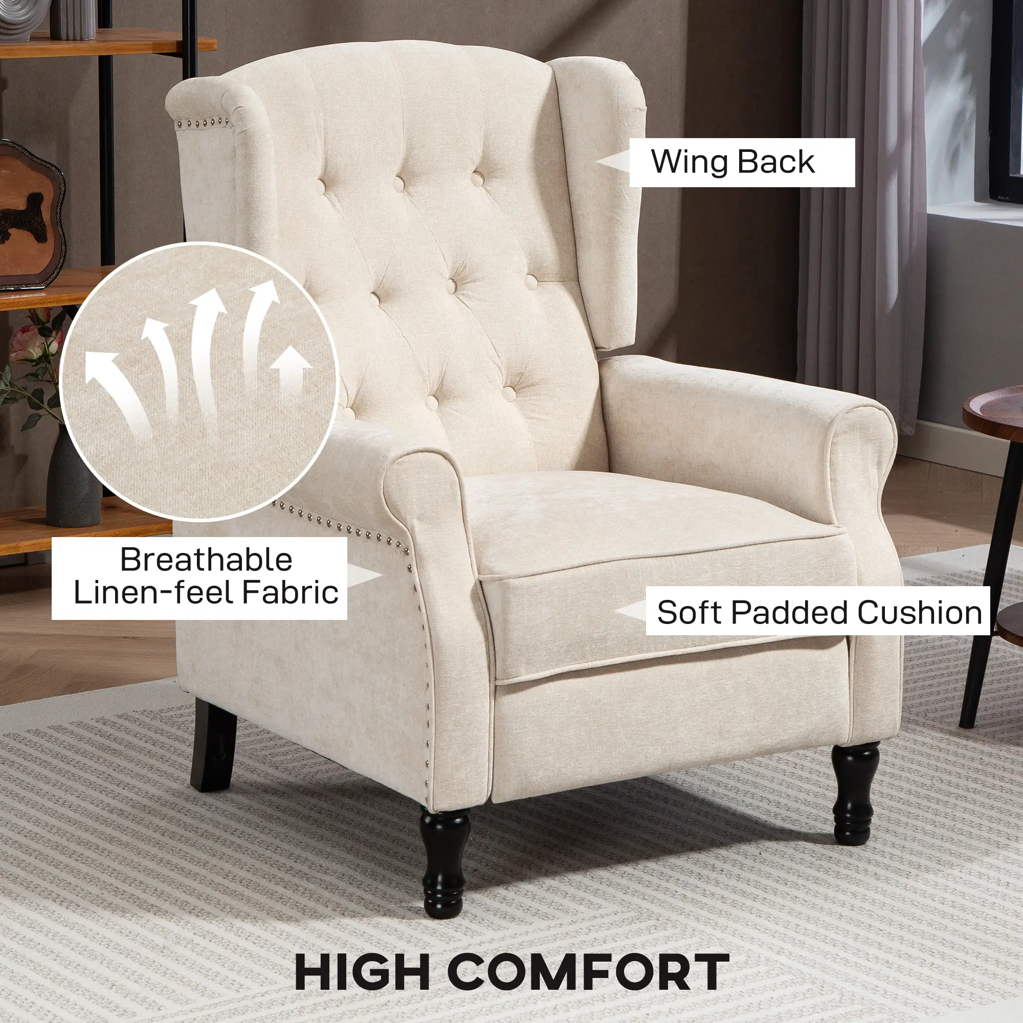 Manual Linen Recliner Armchair 76 x 88 x 101cm - Beige - 5