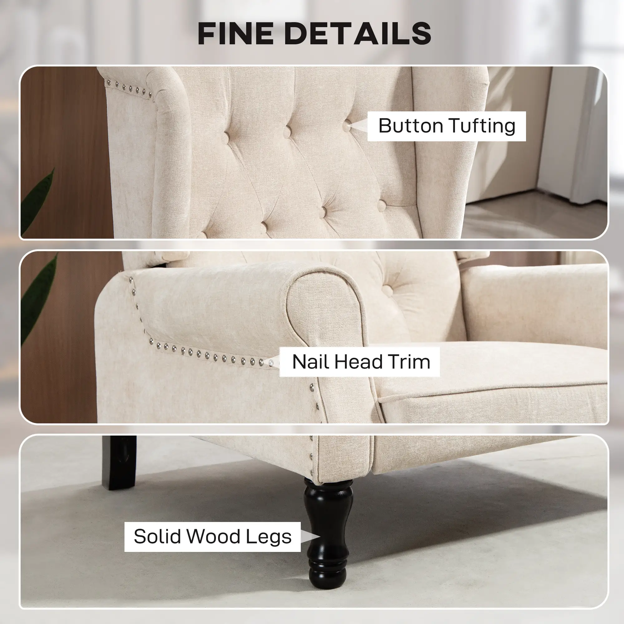 Manual Linen Recliner Armchair 76 x 88 x 101cm - Beige - 6