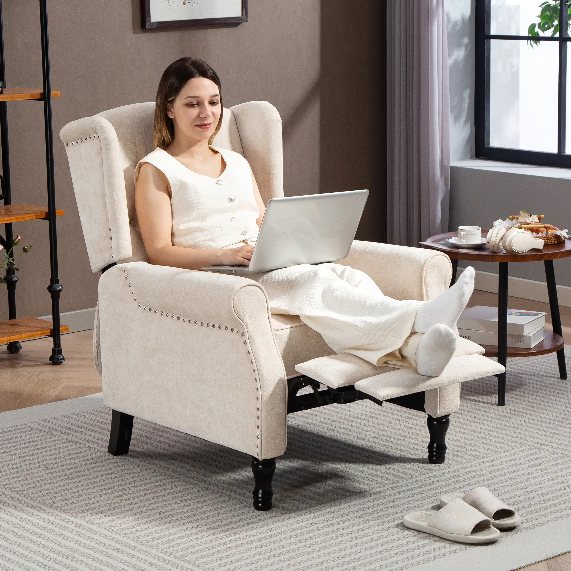 Manual Linen Recliner Armchair 76 x 88 x 101cm - Beige - 7