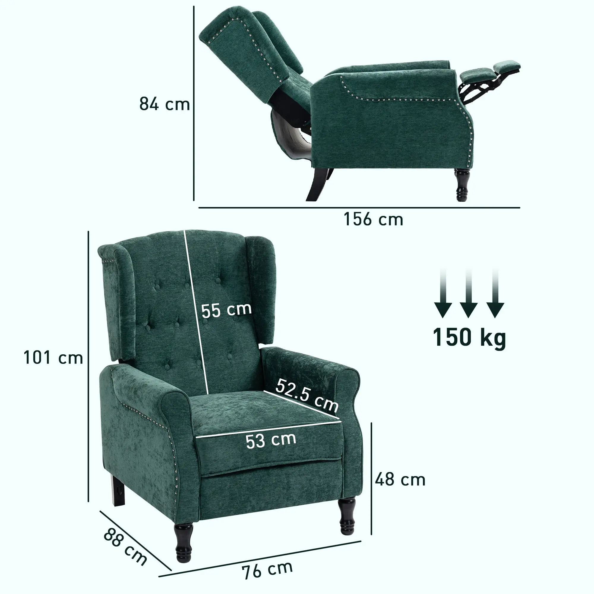 Manual Linen Recliner Armchair 76 x 88 x 101cm - Dark Green - 3