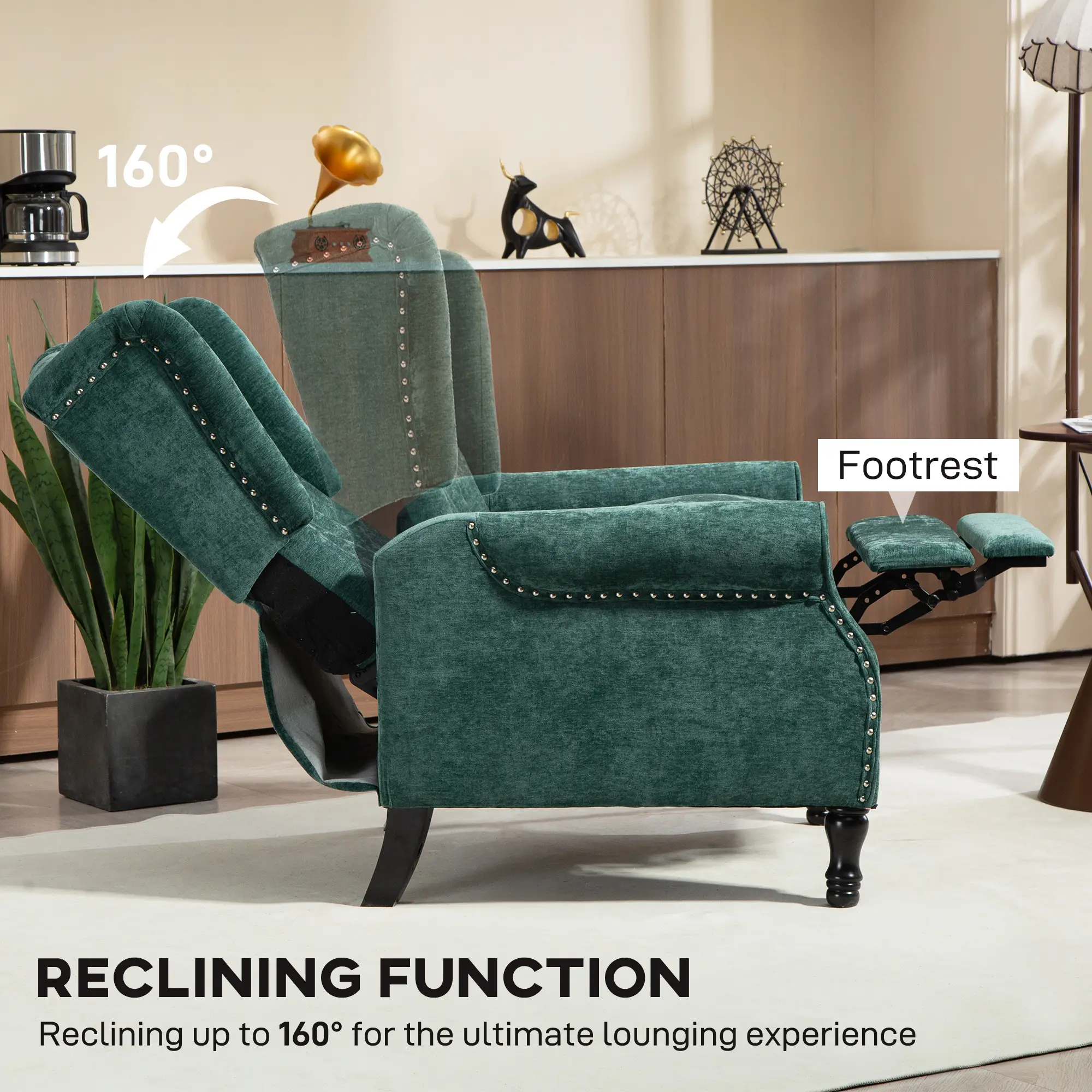 Manual Linen Recliner Armchair 76 x 88 x 101cm - Dark Green - 4