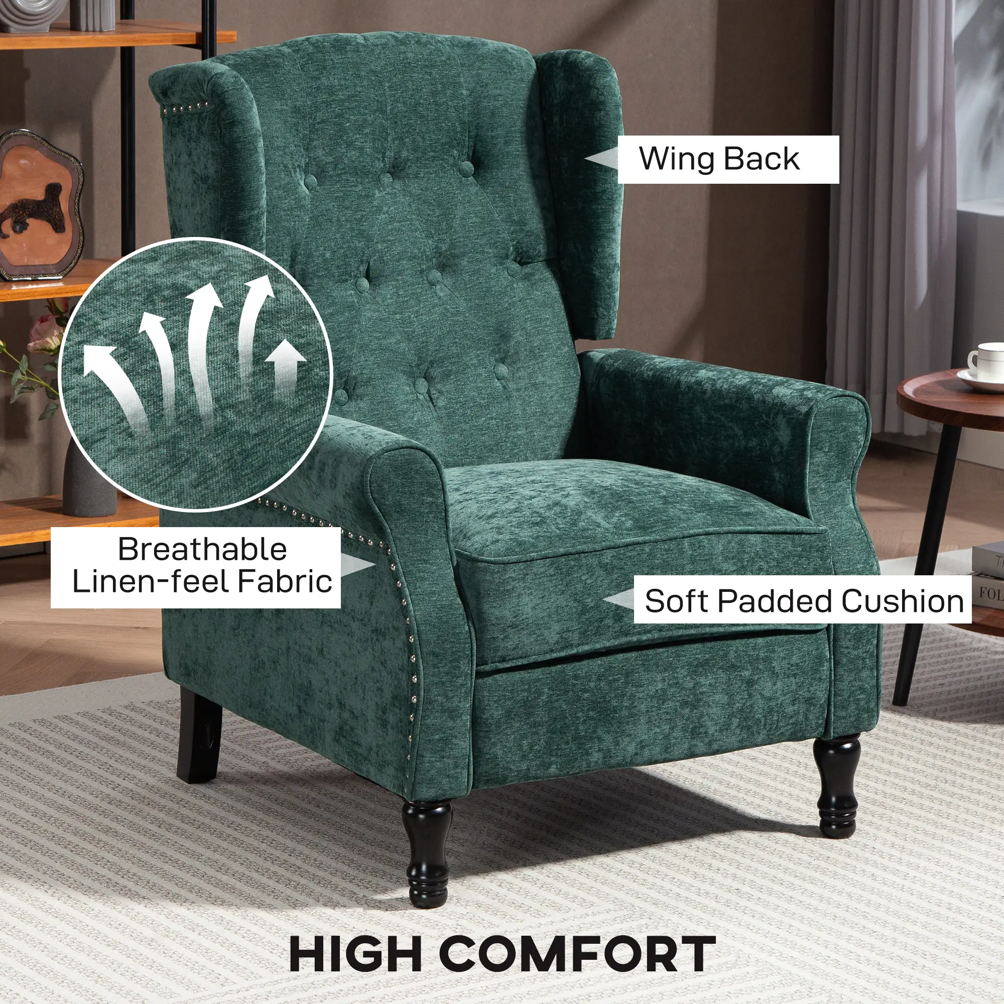 Manual Linen Recliner Armchair 76 x 88 x 101cm - Dark Green - 5