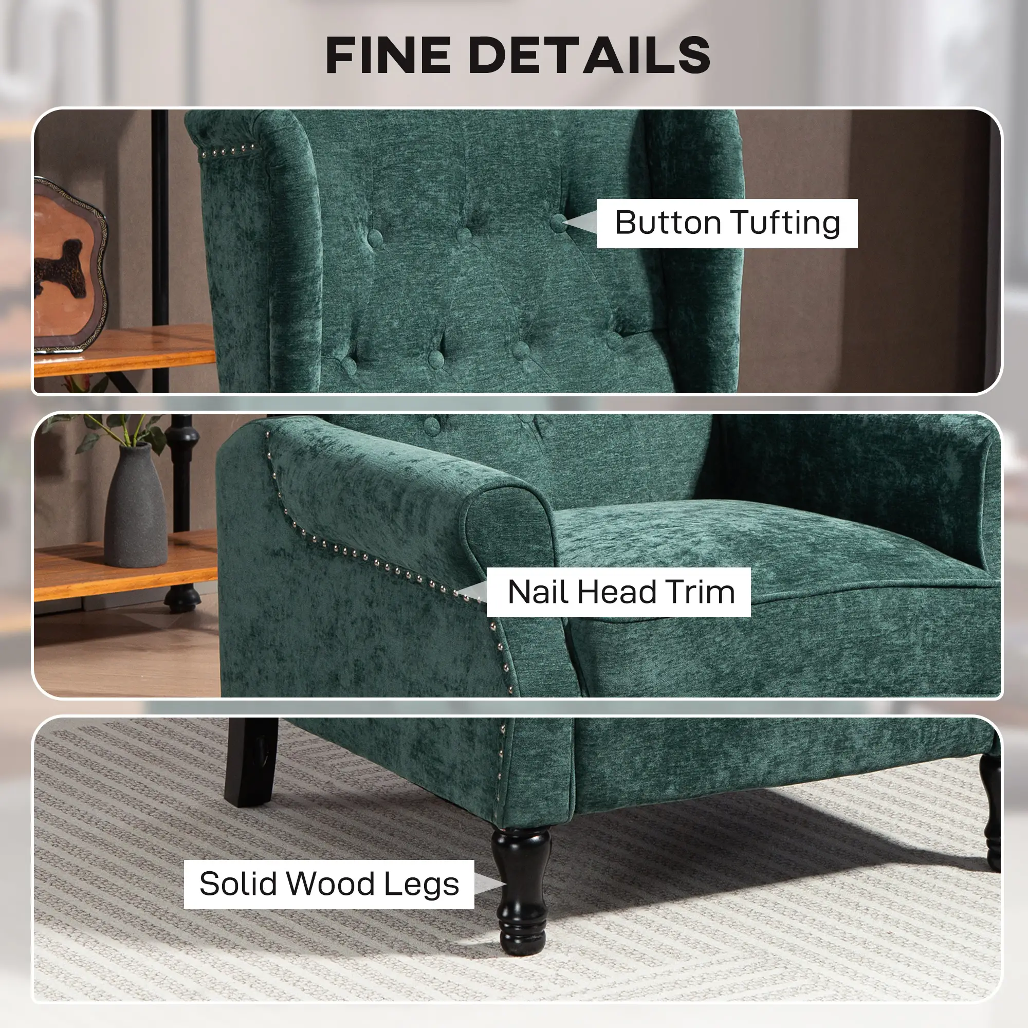 Manual Linen Recliner Armchair 76 x 88 x 101cm - Dark Green - 6