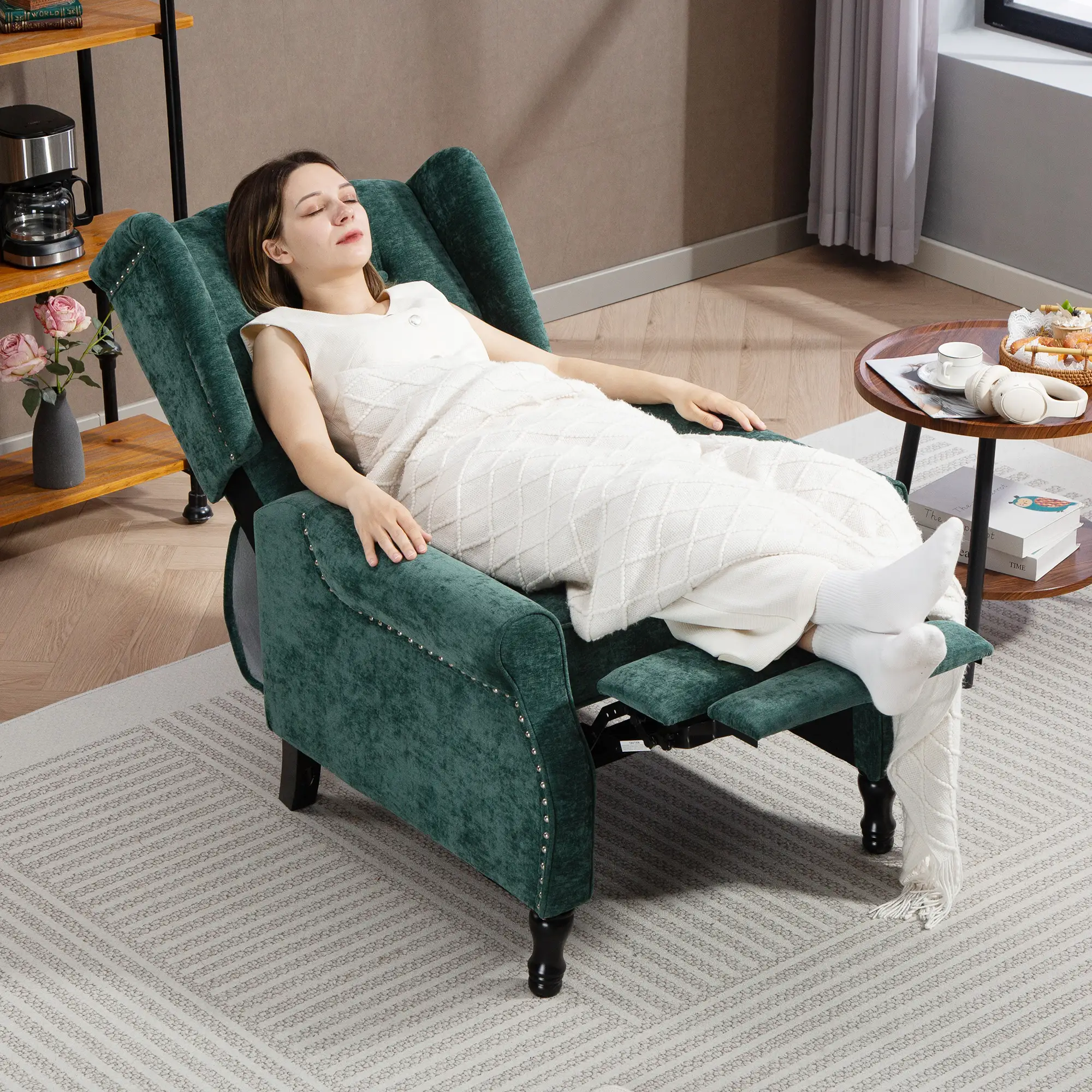 Manual Linen Recliner Armchair 76 x 88 x 101cm - Dark Green - 8