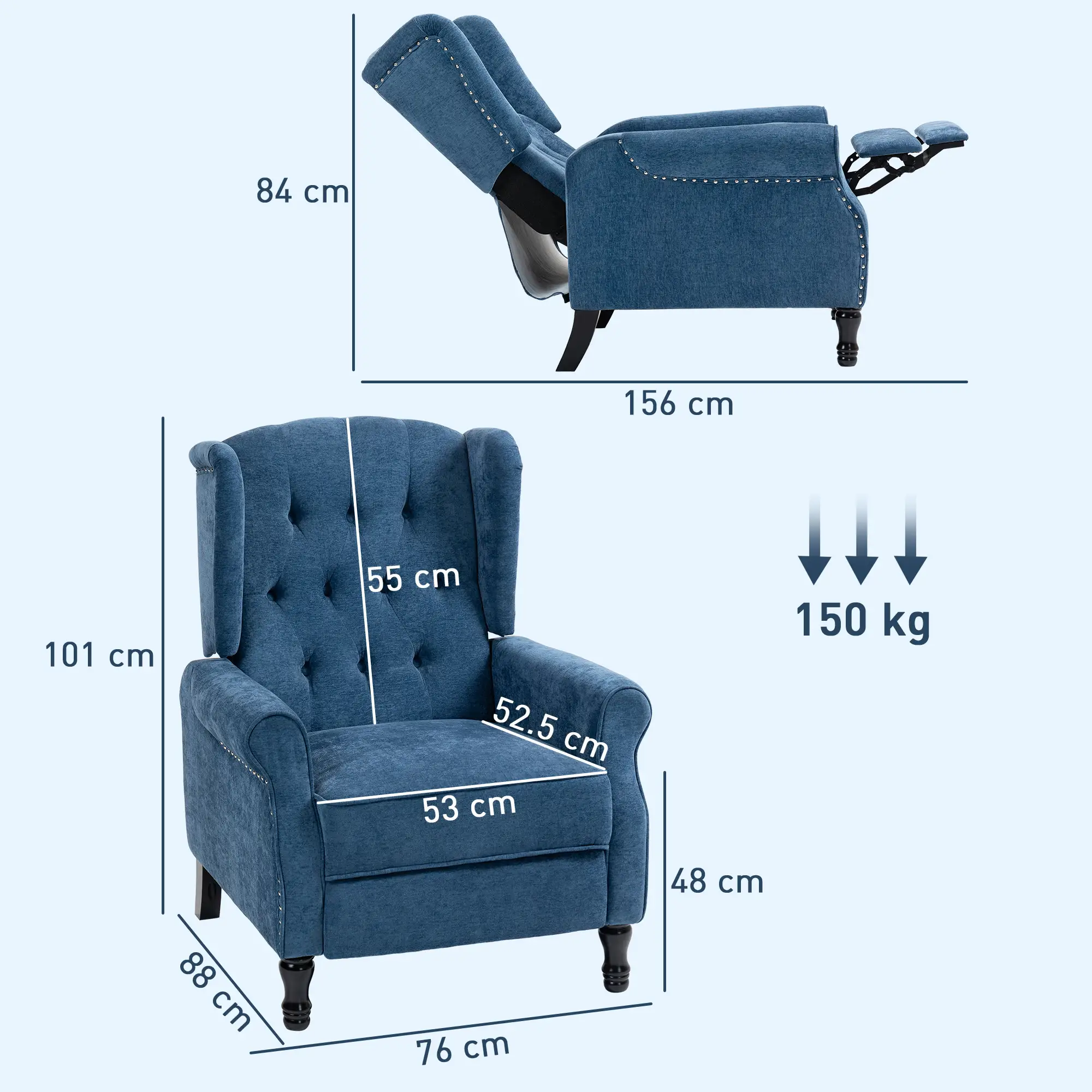 Manual Linen Recliner Armchair 76 x 88 x 101cm - Royal Blue - 3