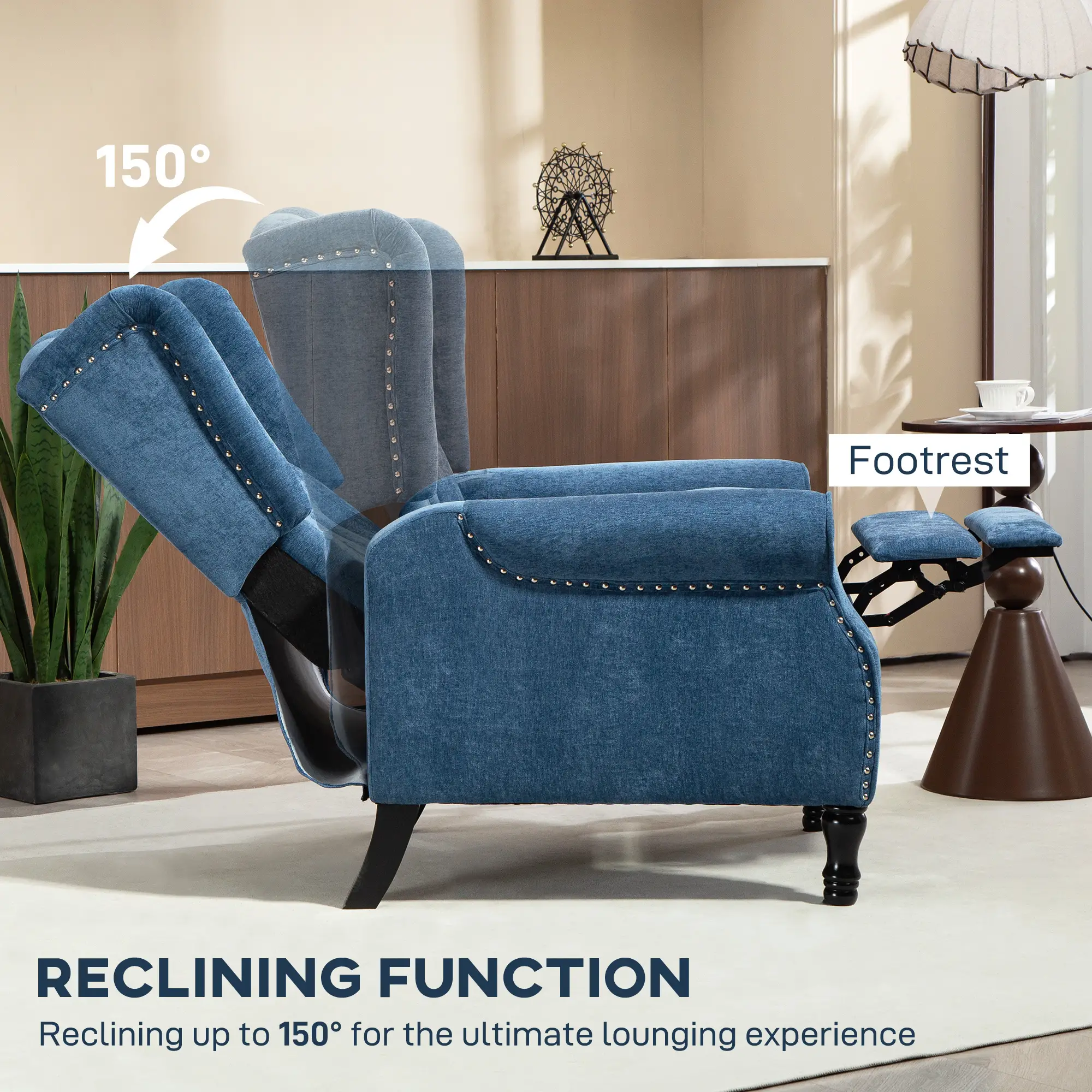 Manual Linen Recliner Armchair 76 x 88 x 101cm - Royal Blue - 4