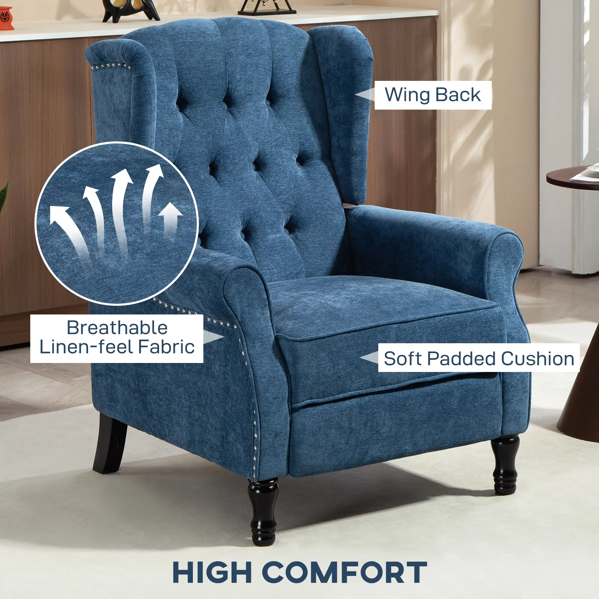 Manual Linen Recliner Armchair 76 x 88 x 101cm - Royal Blue - 5