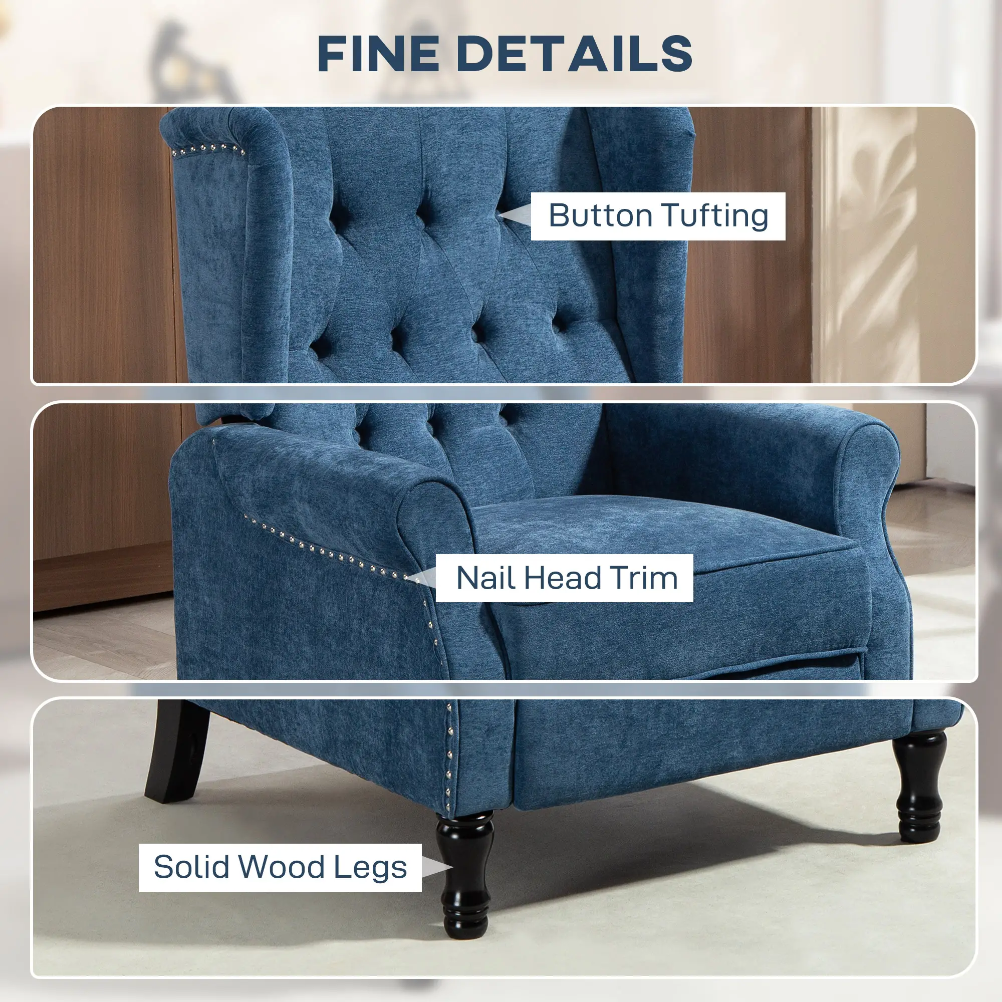 Manual Linen Recliner Armchair 76 x 88 x 101cm - Royal Blue - 6