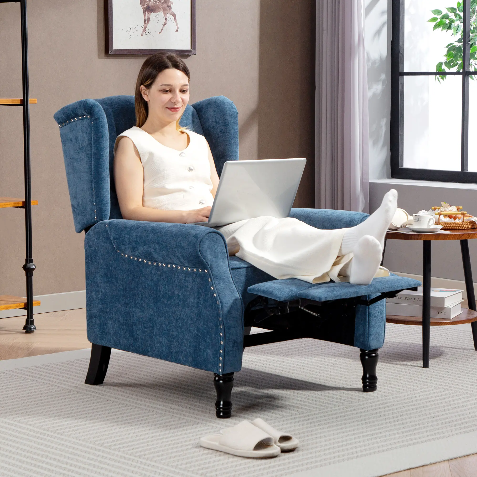 Manual Linen Recliner Armchair 76 x 88 x 101cm - Royal Blue - 7