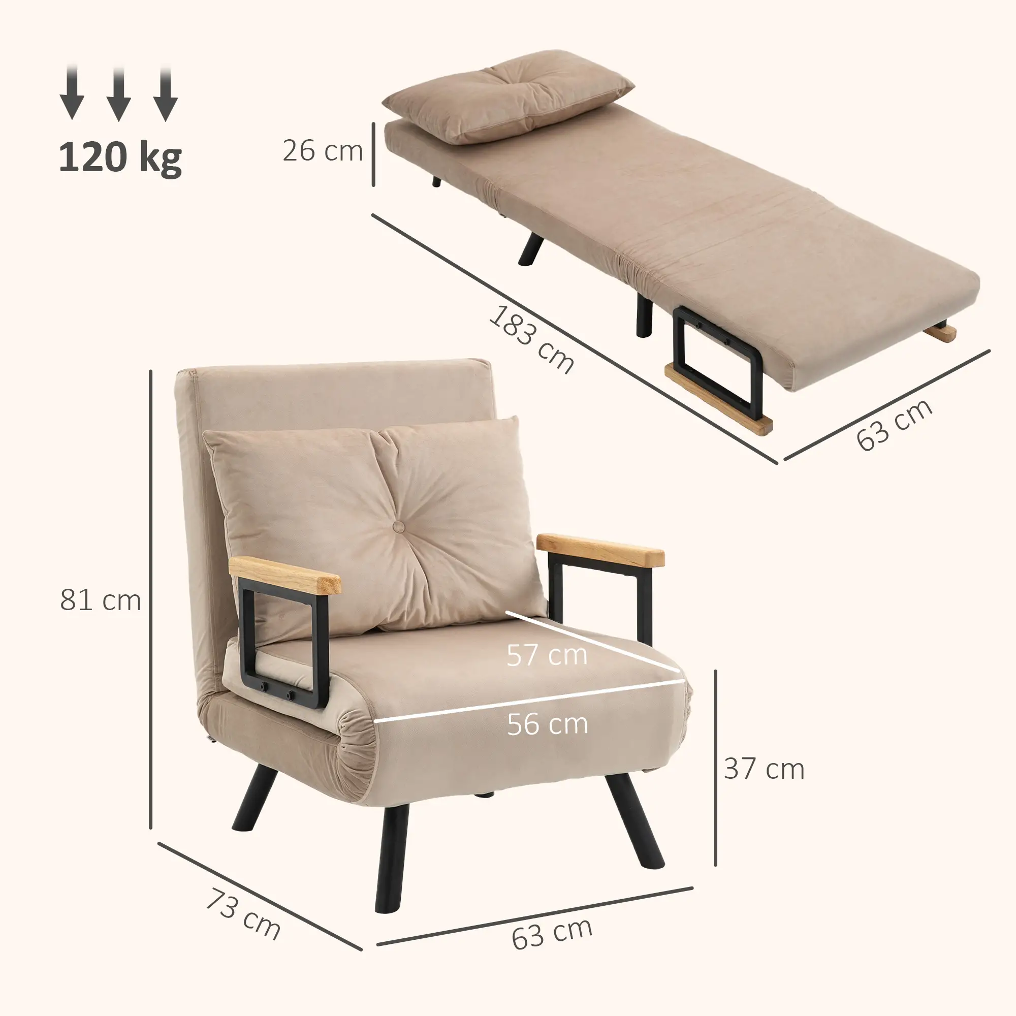 Velvet Armchair 63 x 73 x 81cm - Beige - 3