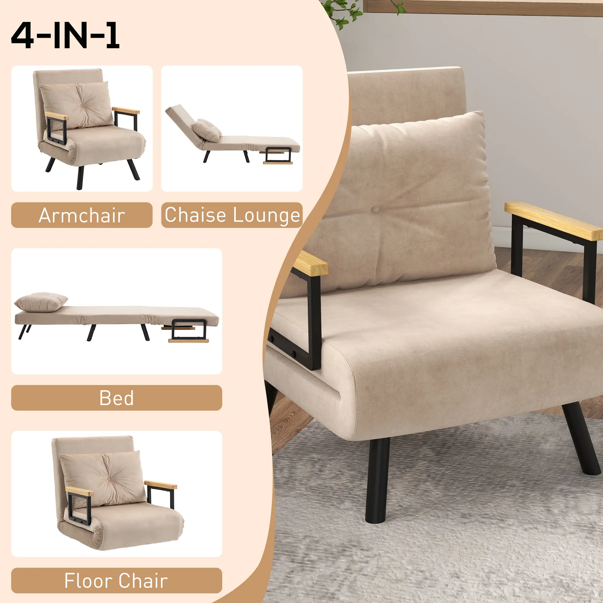 Velvet Armchair 63 x 73 x 81cm - Beige - 4
