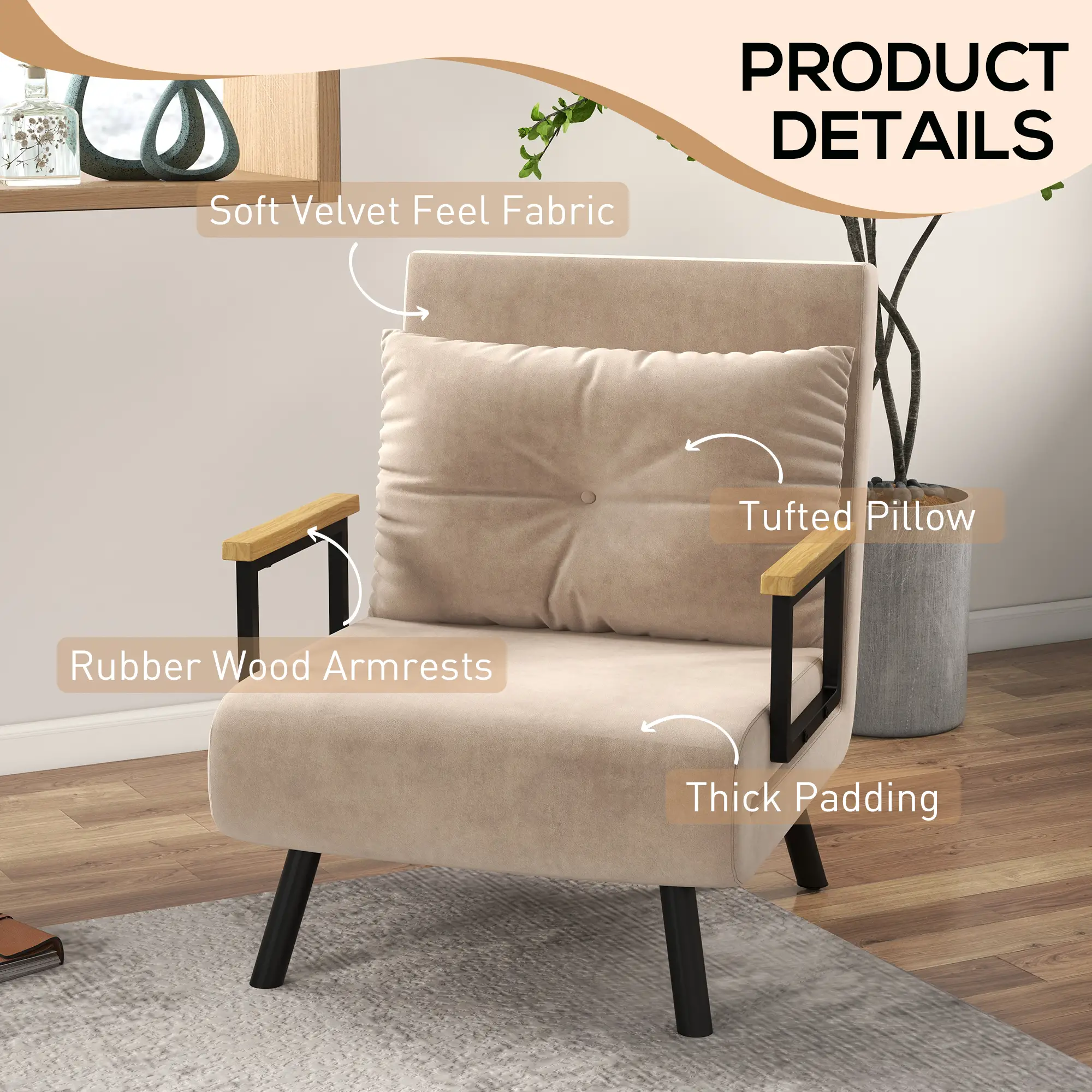 Velvet Armchair 63 x 73 x 81cm - Beige - 6