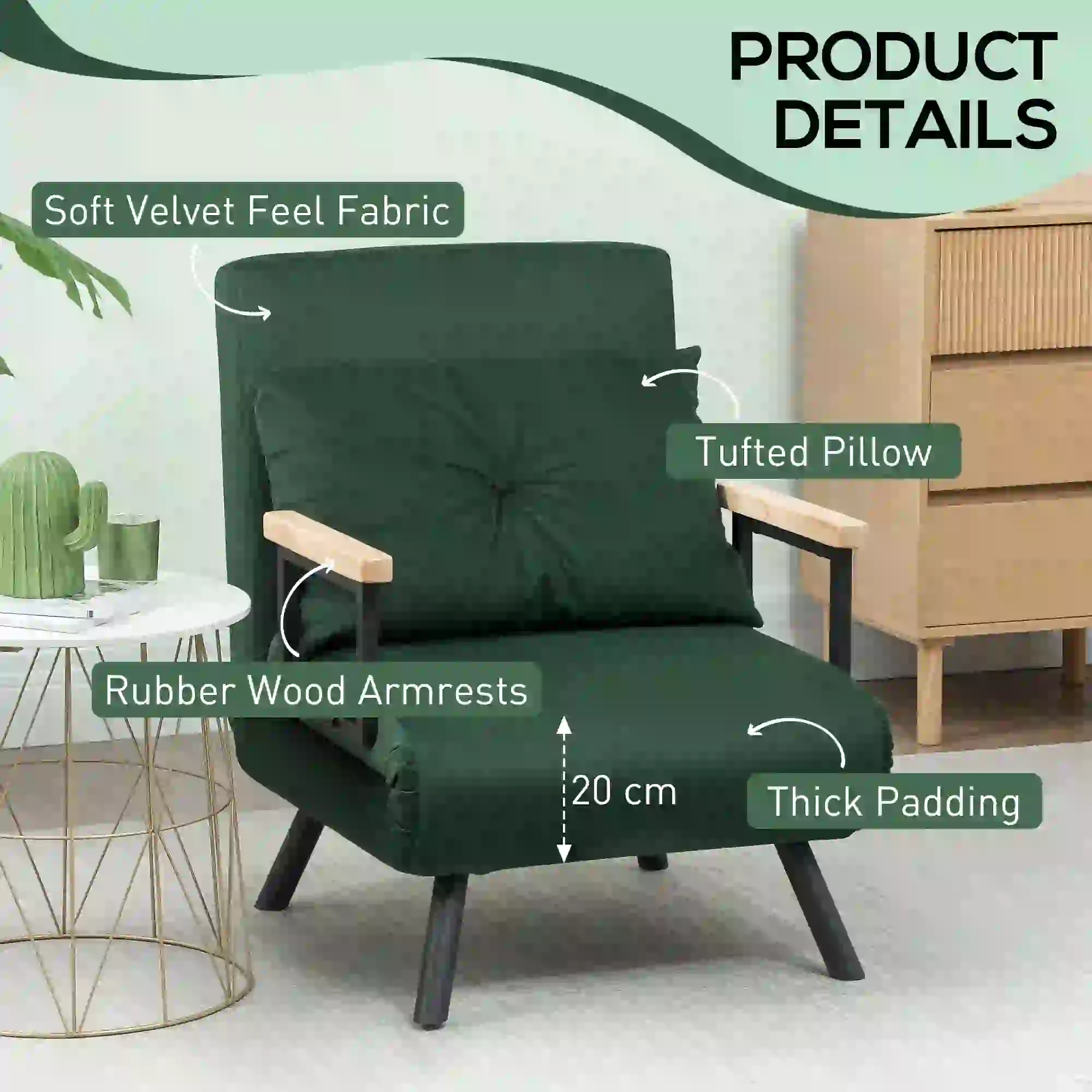 Velvet Armchair 63 x 73 x 81cm - Green - 6