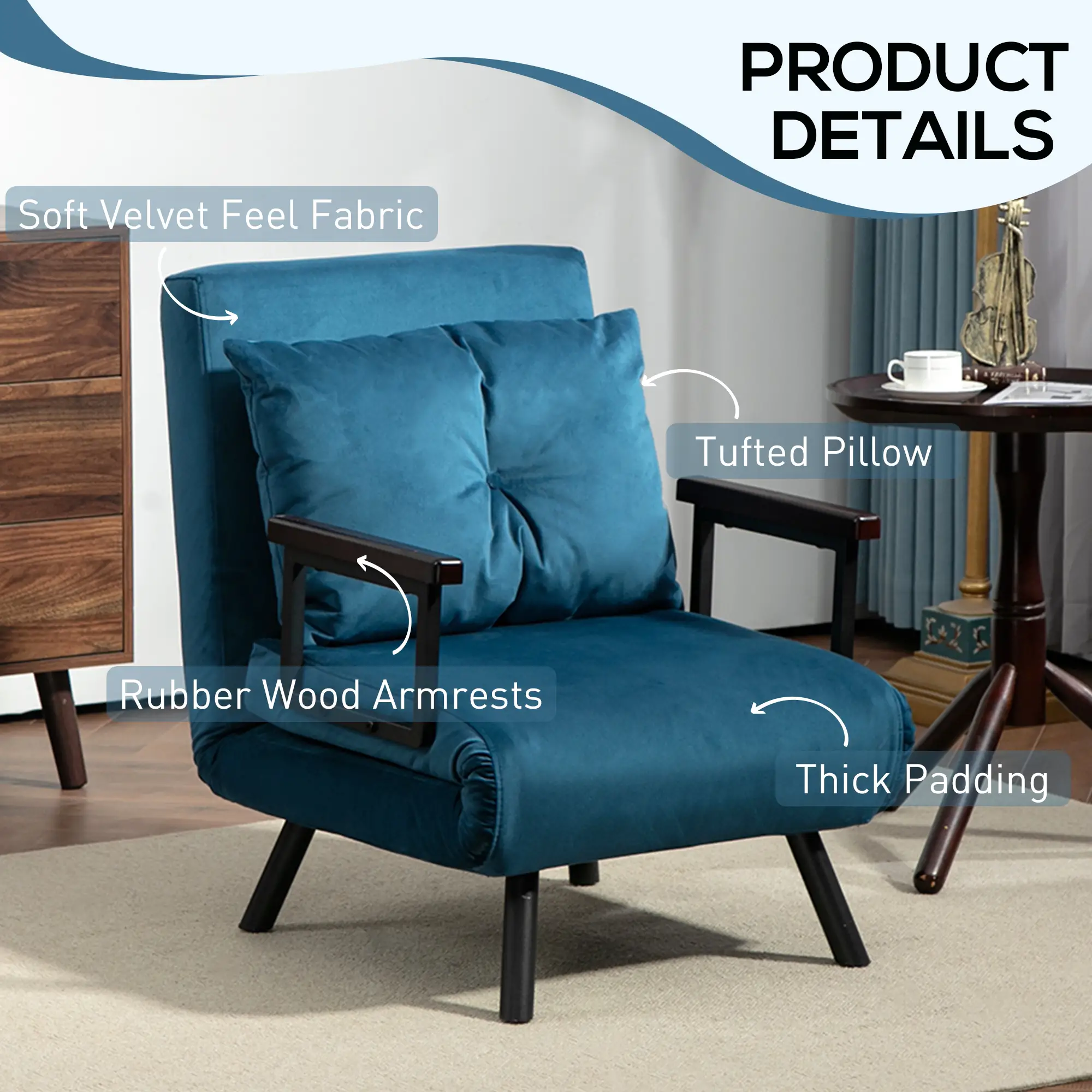 Velvet Armchair 63 x 73 x 81cm - Navy Blue - 6