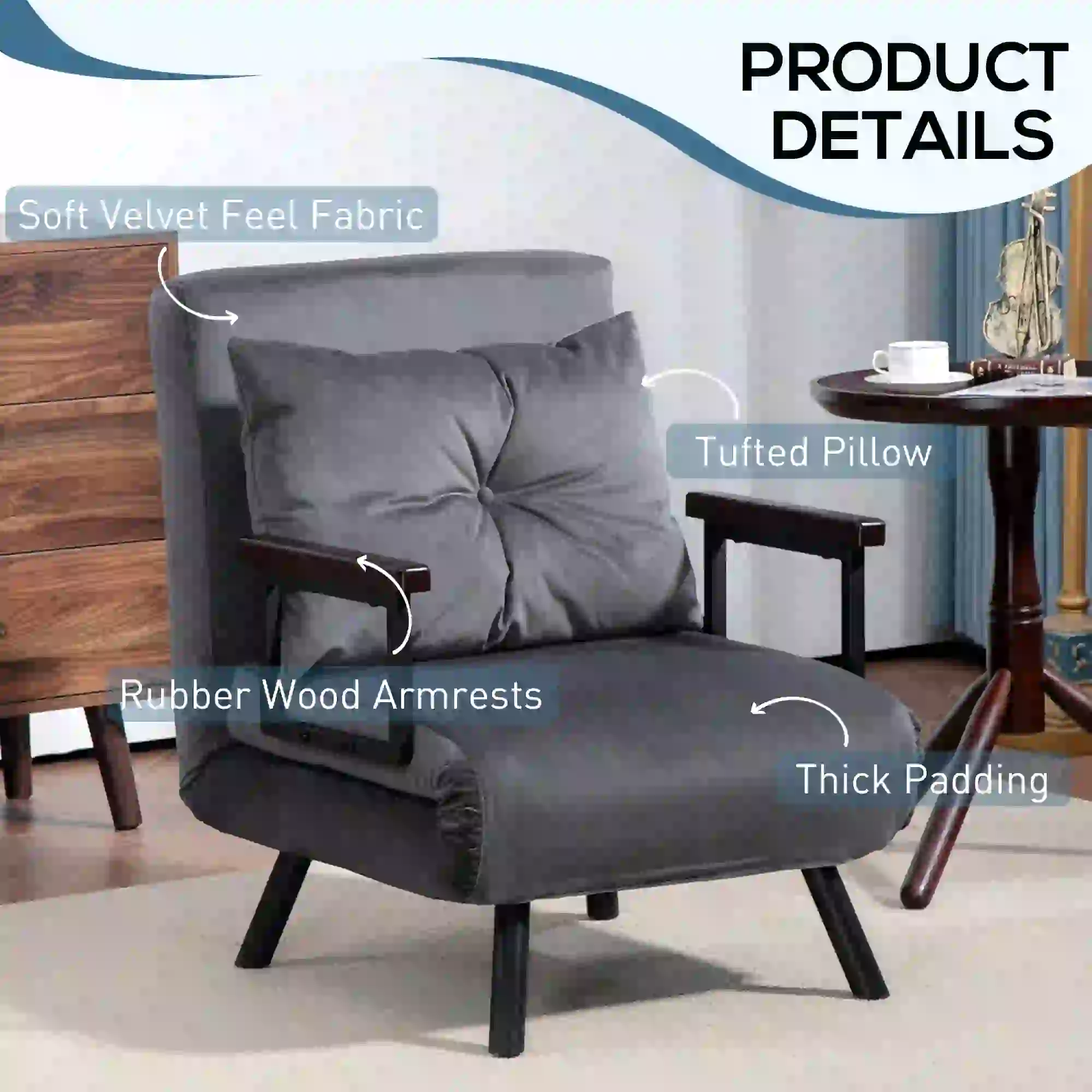 Velvet Armchair 63 x 73 x 81cm - Charcoal Grey - 6