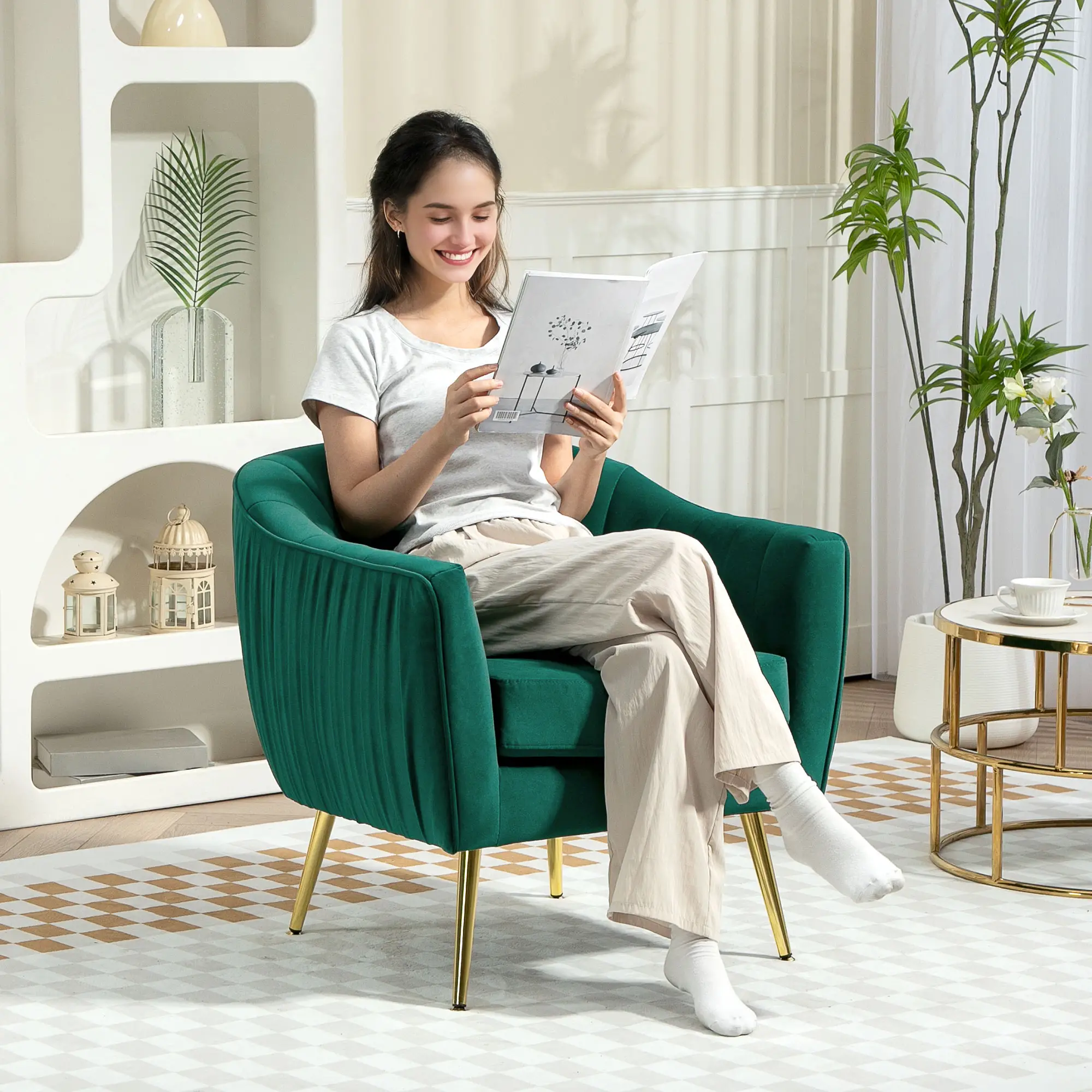 Velvet Armchair 71 x 72 x 73cm, Green - Green - 2