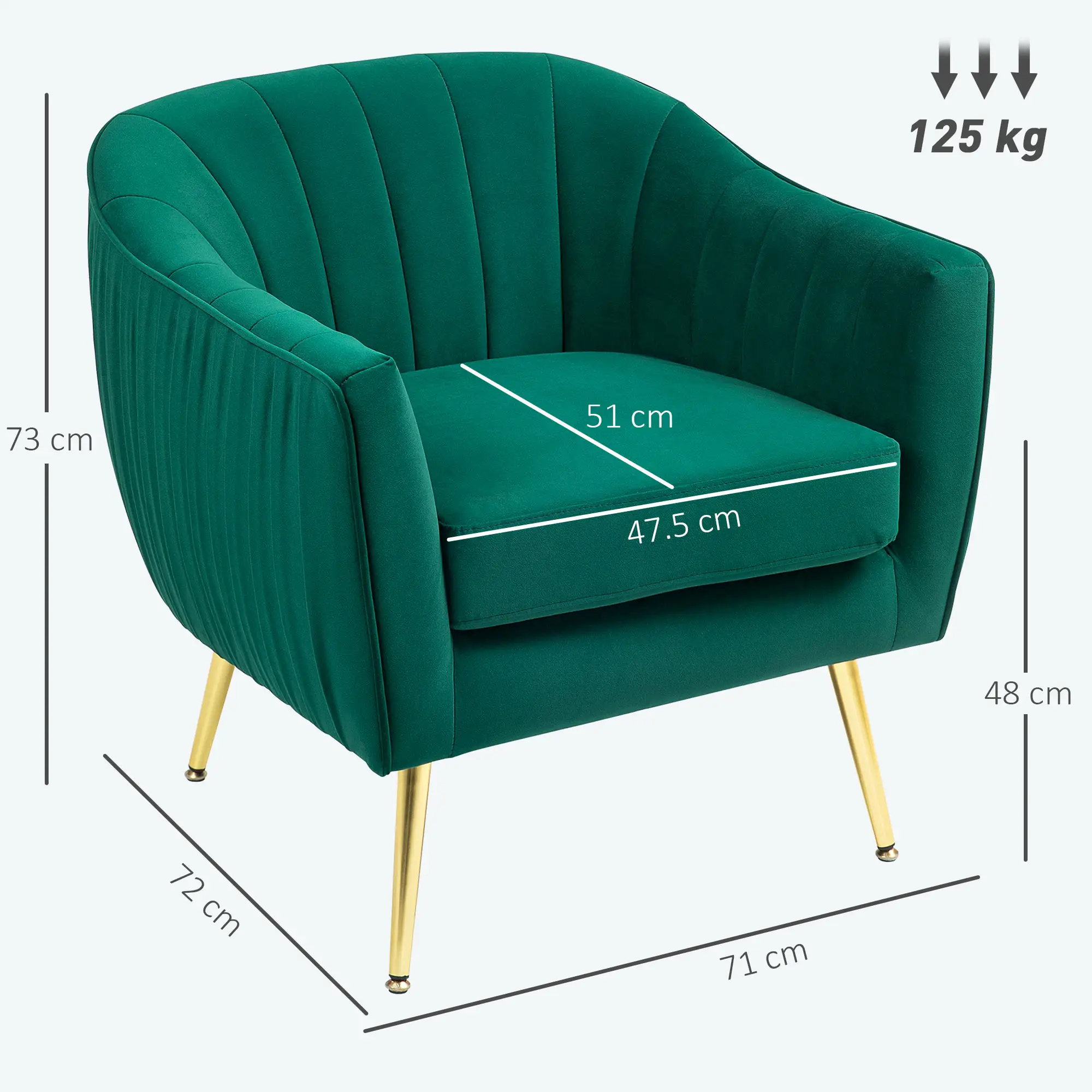 Velvet Armchair 71 x 72 x 73cm, Green - Green - 3