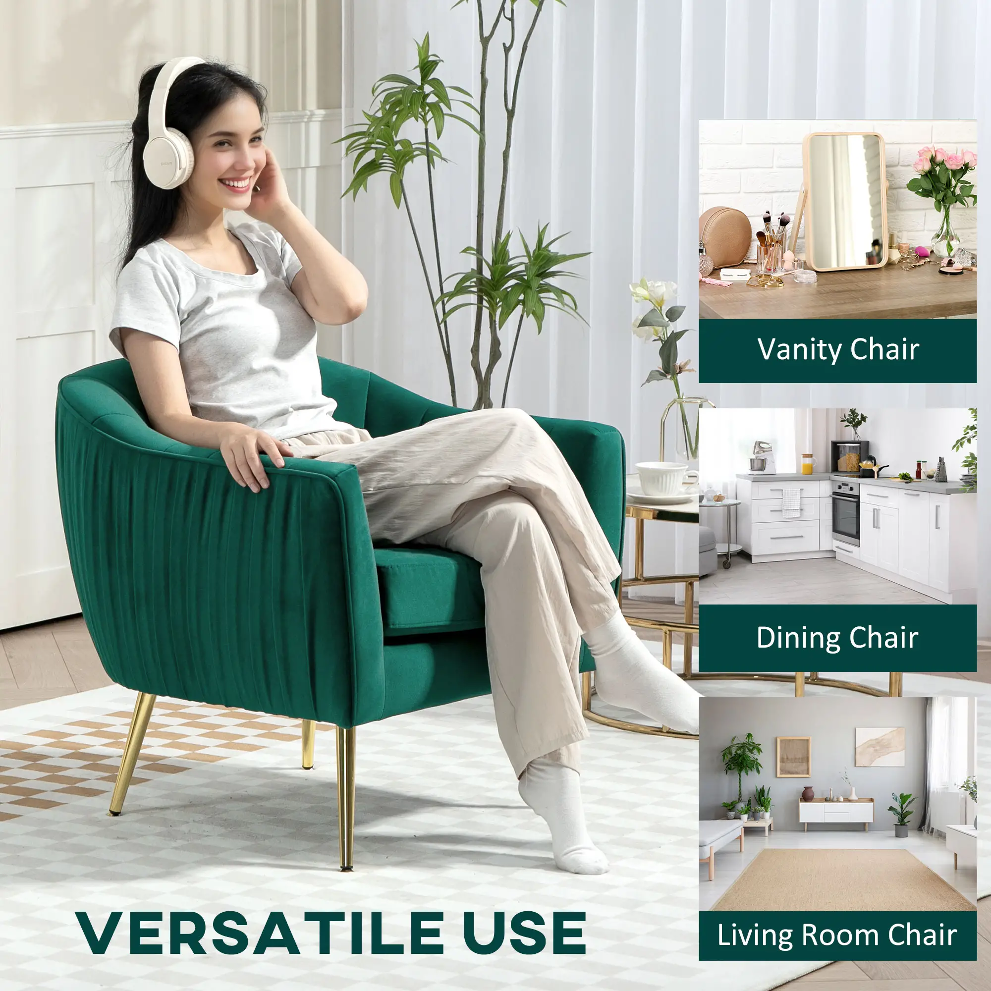 Velvet Armchair 71 x 72 x 73cm, Green - Green - 7