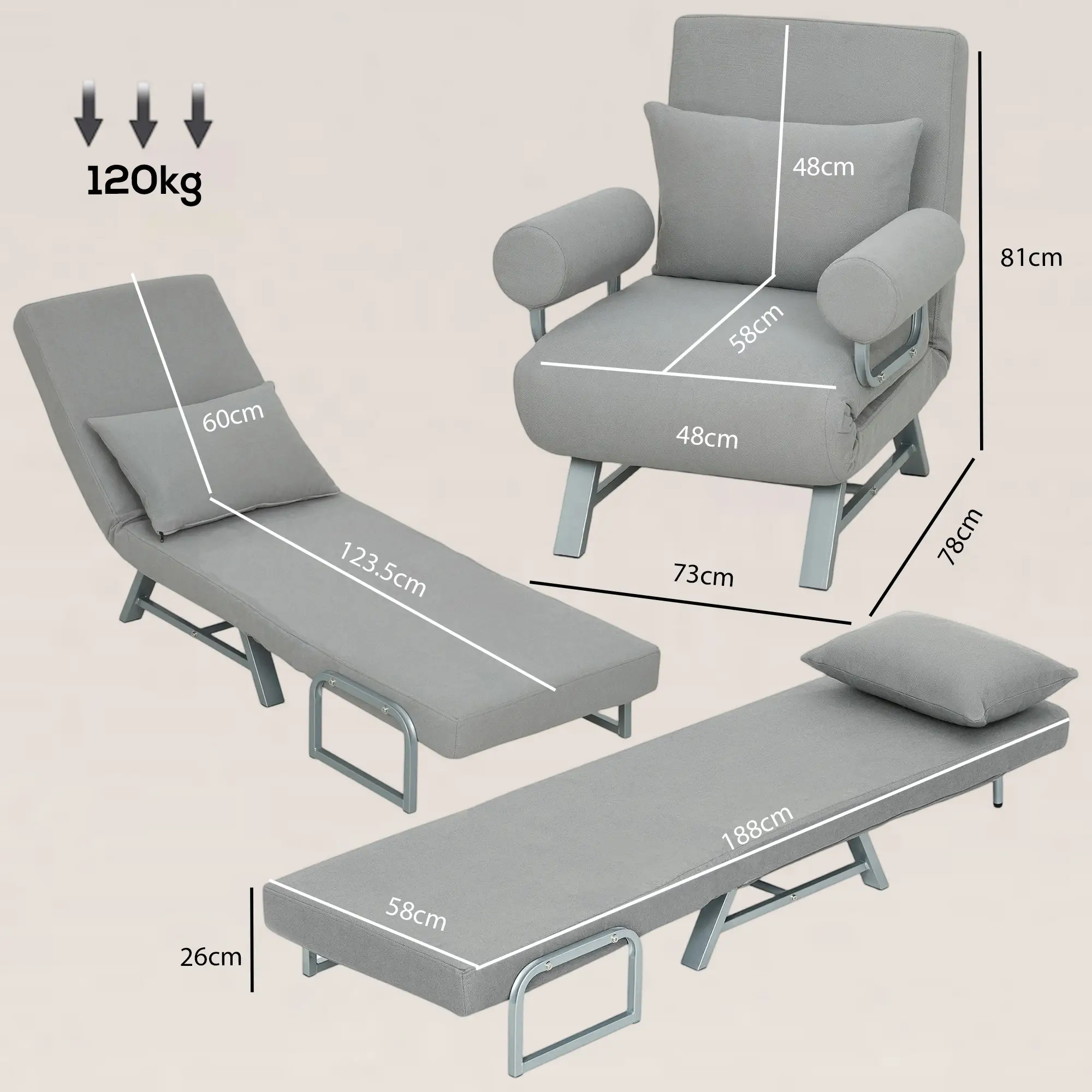 Linen Sofa Bed 73 x 78 x 81cm - Light Grey - 3