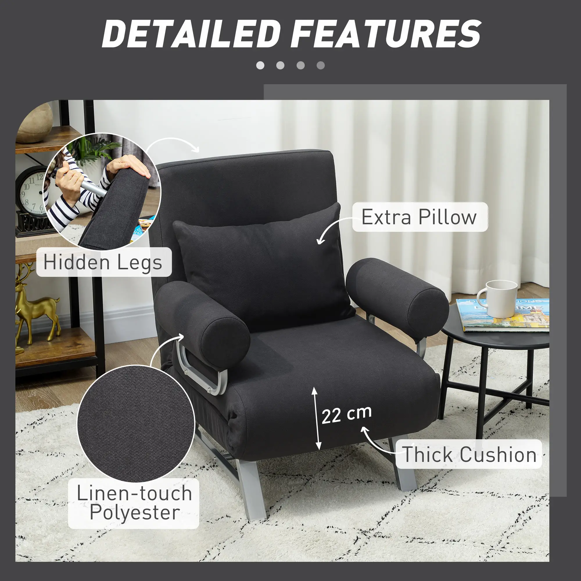 Linen Sofa Bed 73 x 78 x 81cm - Black - 6