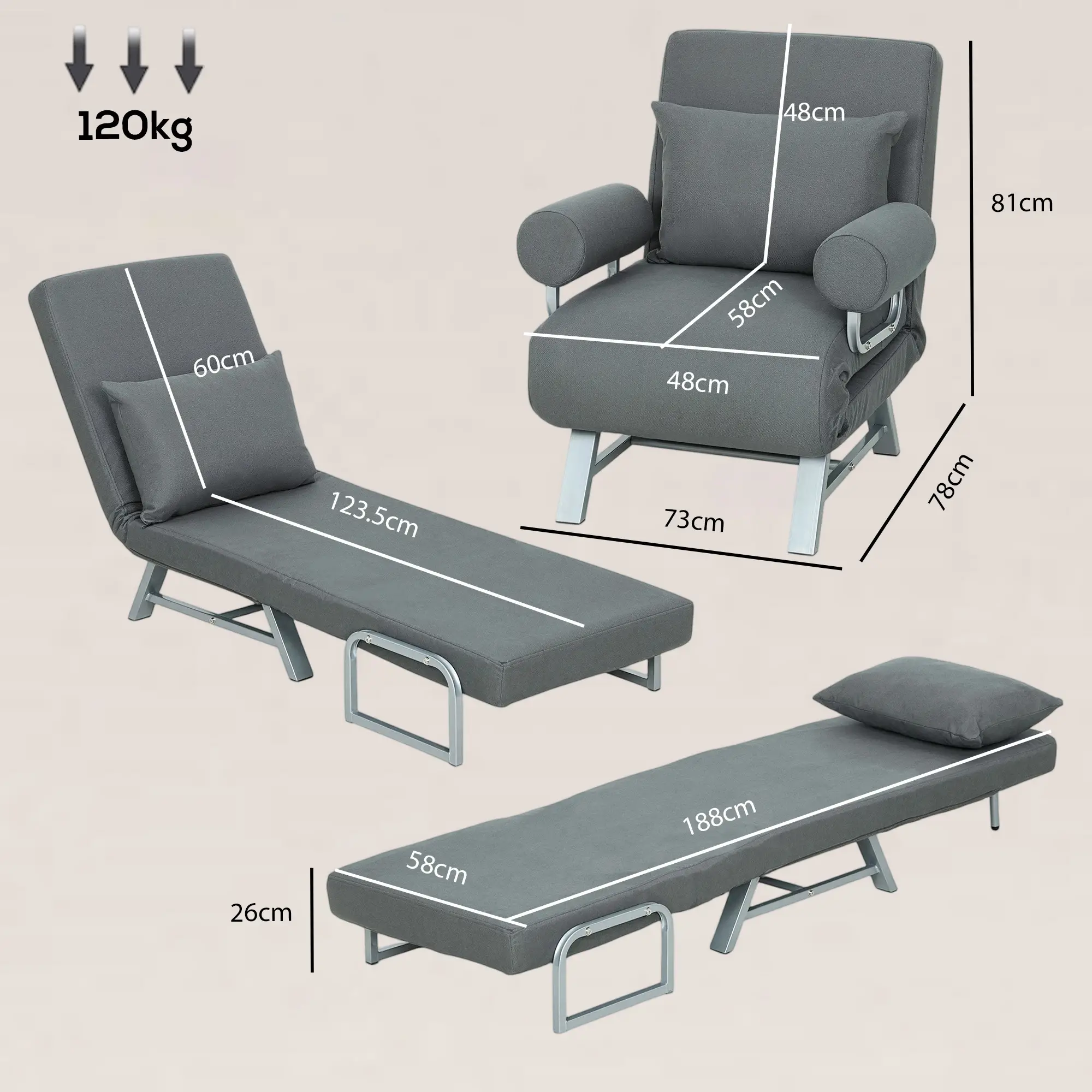 Linen Sofa Bed 73 x 78 x 81cm - Dark Grey - 3