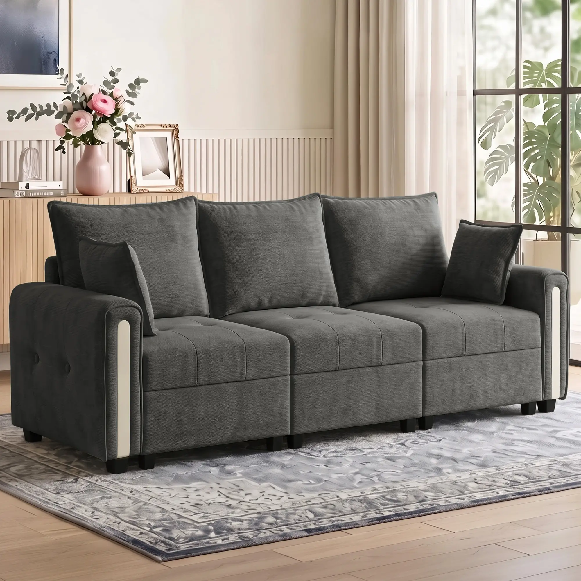 3 Seater Velvet Sofa 228 x 85 x 88cm - Dark Grey, Black - 2
