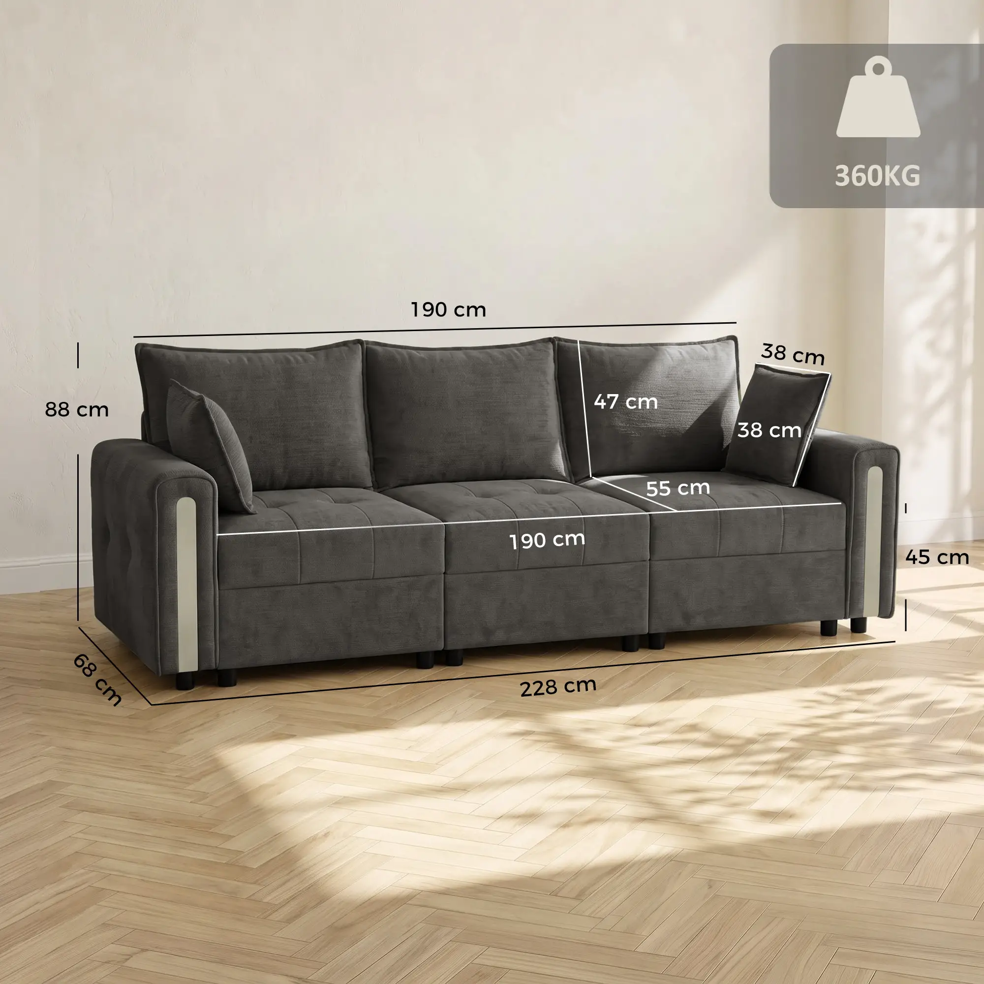 3 Seater Velvet Sofa 228 x 85 x 88cm - Dark Grey, Black - 3