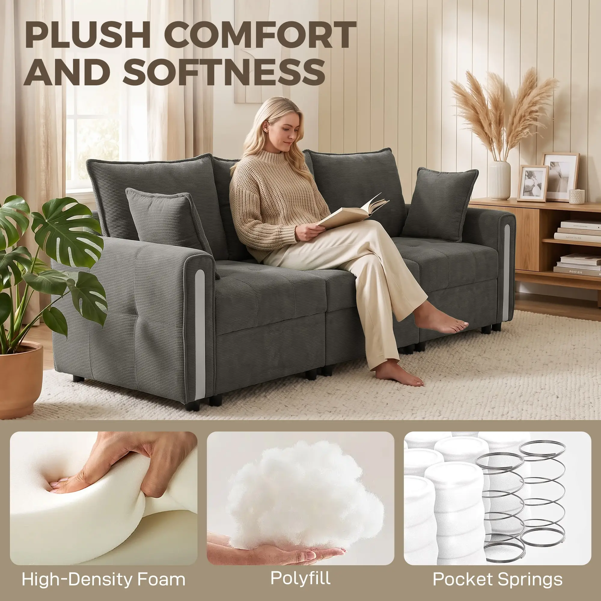 3 Seater Velvet Sofa 228 x 85 x 88cm - Dark Grey, Black - 4