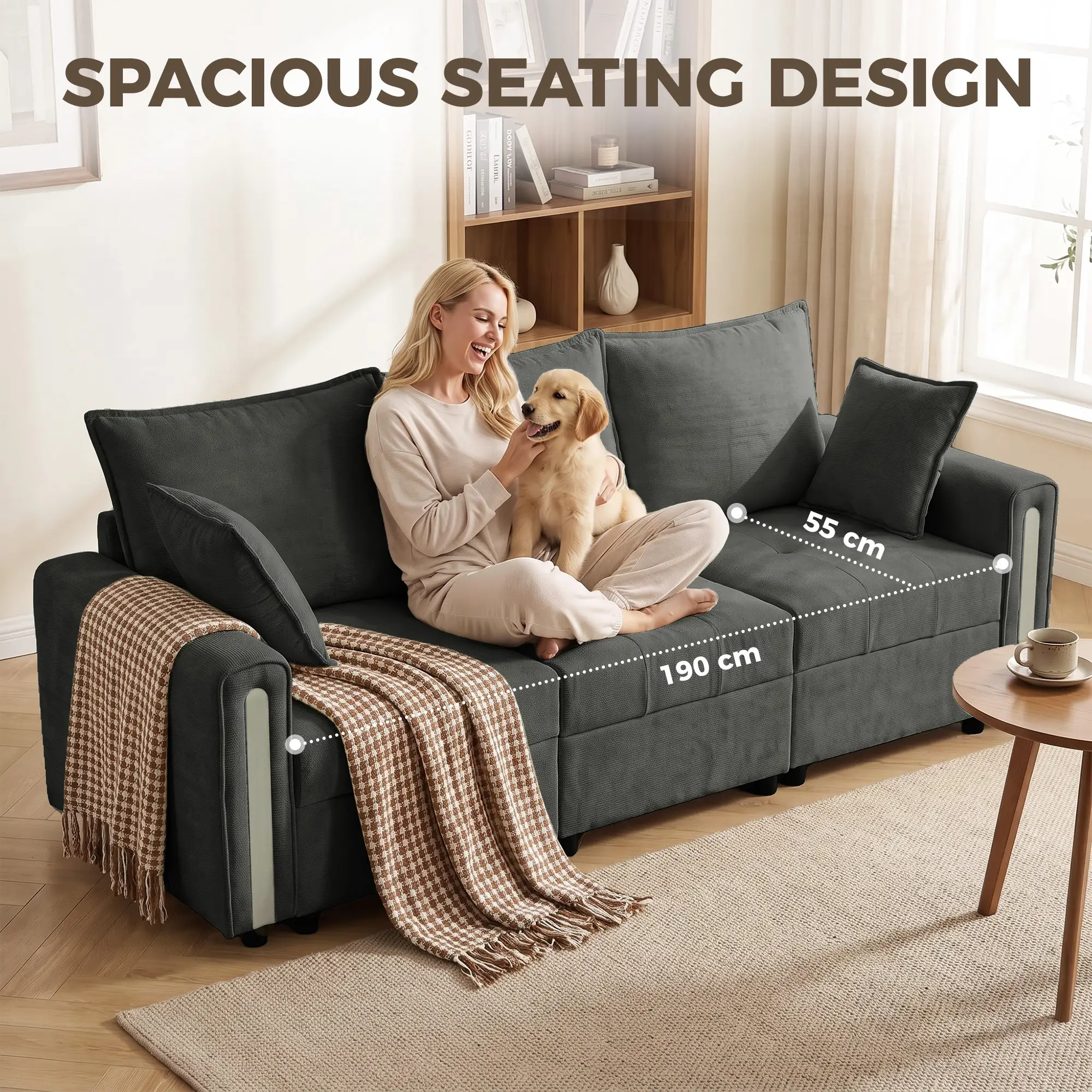 3 Seater Velvet Sofa 228 x 85 x 88cm - Dark Grey, Black - 6