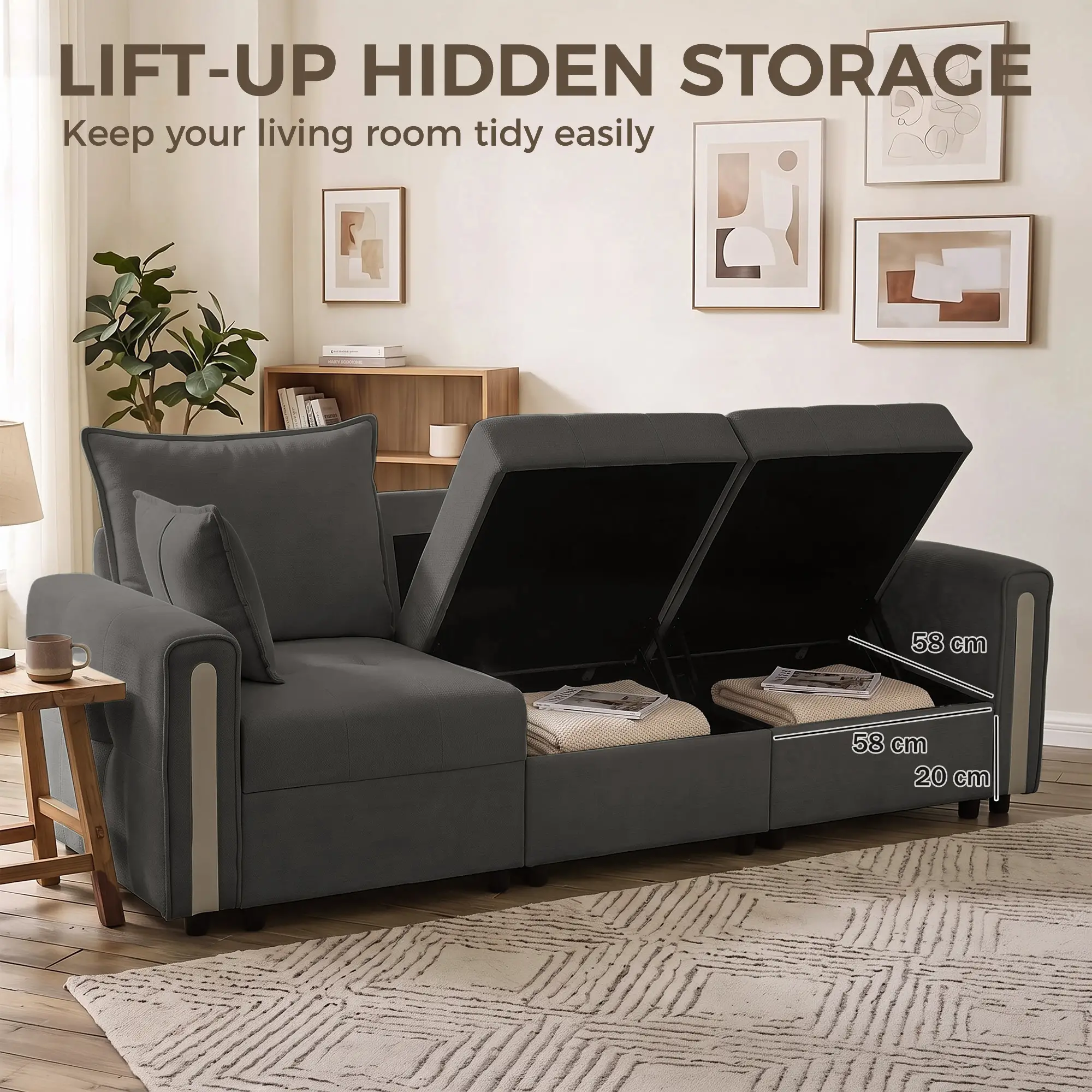 3 Seater Velvet Sofa 228 x 85 x 88cm - Dark Grey, Black - 7