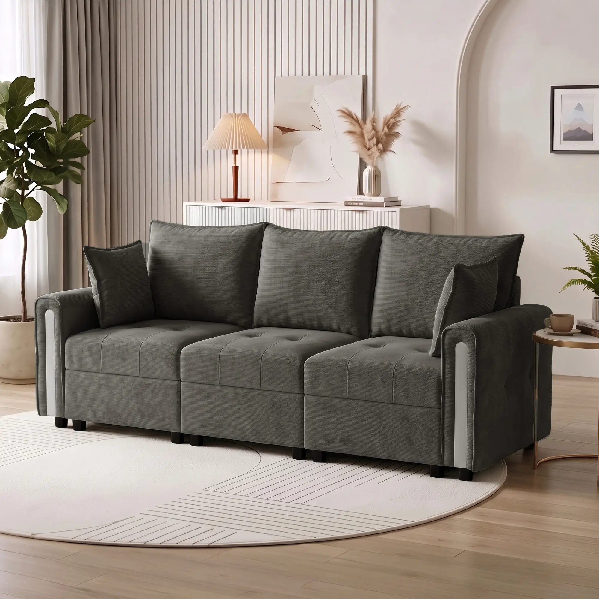 3 Seater Velvet Sofa 228 x 85 x 88cm - Dark Grey, Black - 9