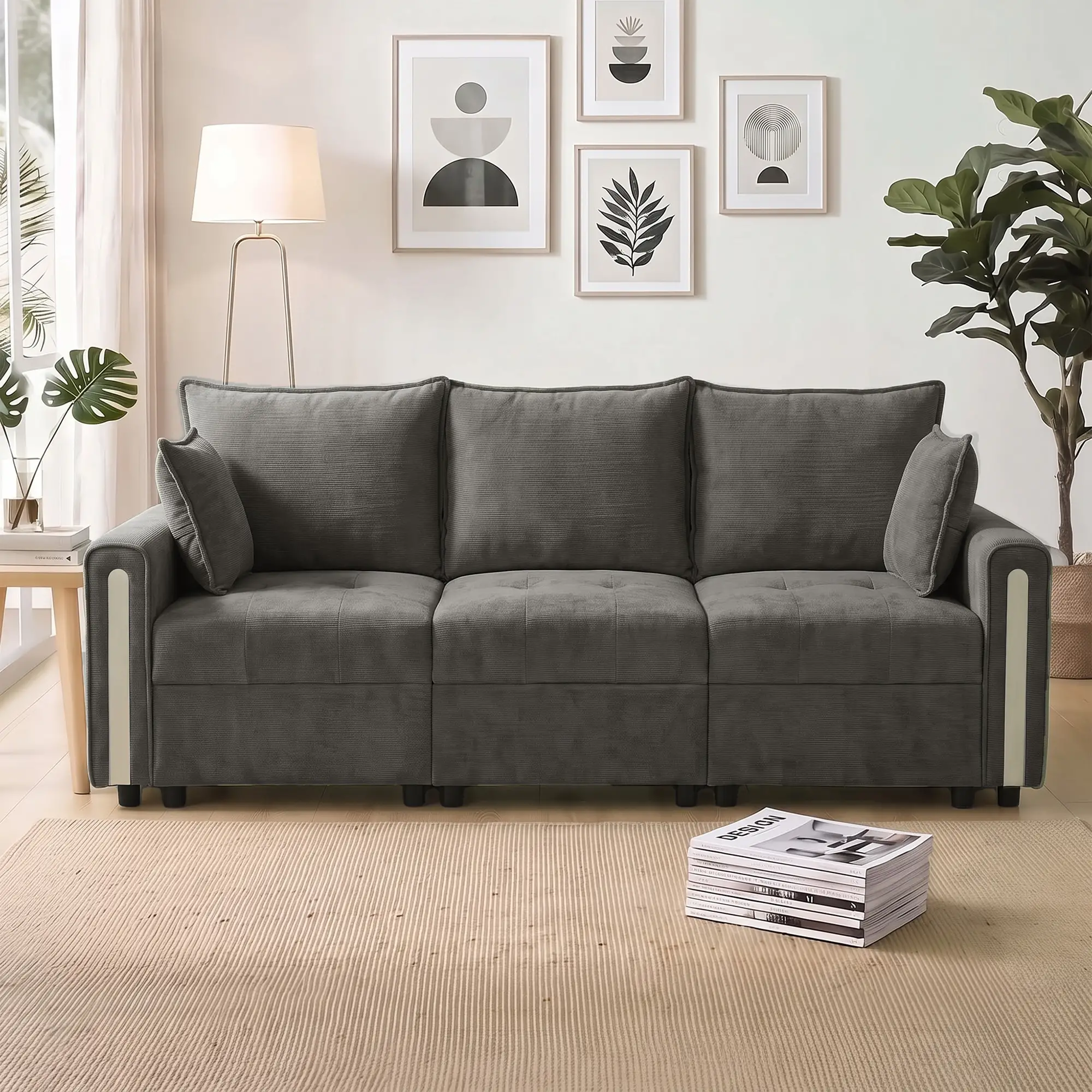 3 Seater Velvet Sofa 228 x 85 x 88cm - Dark Grey, Black - 14