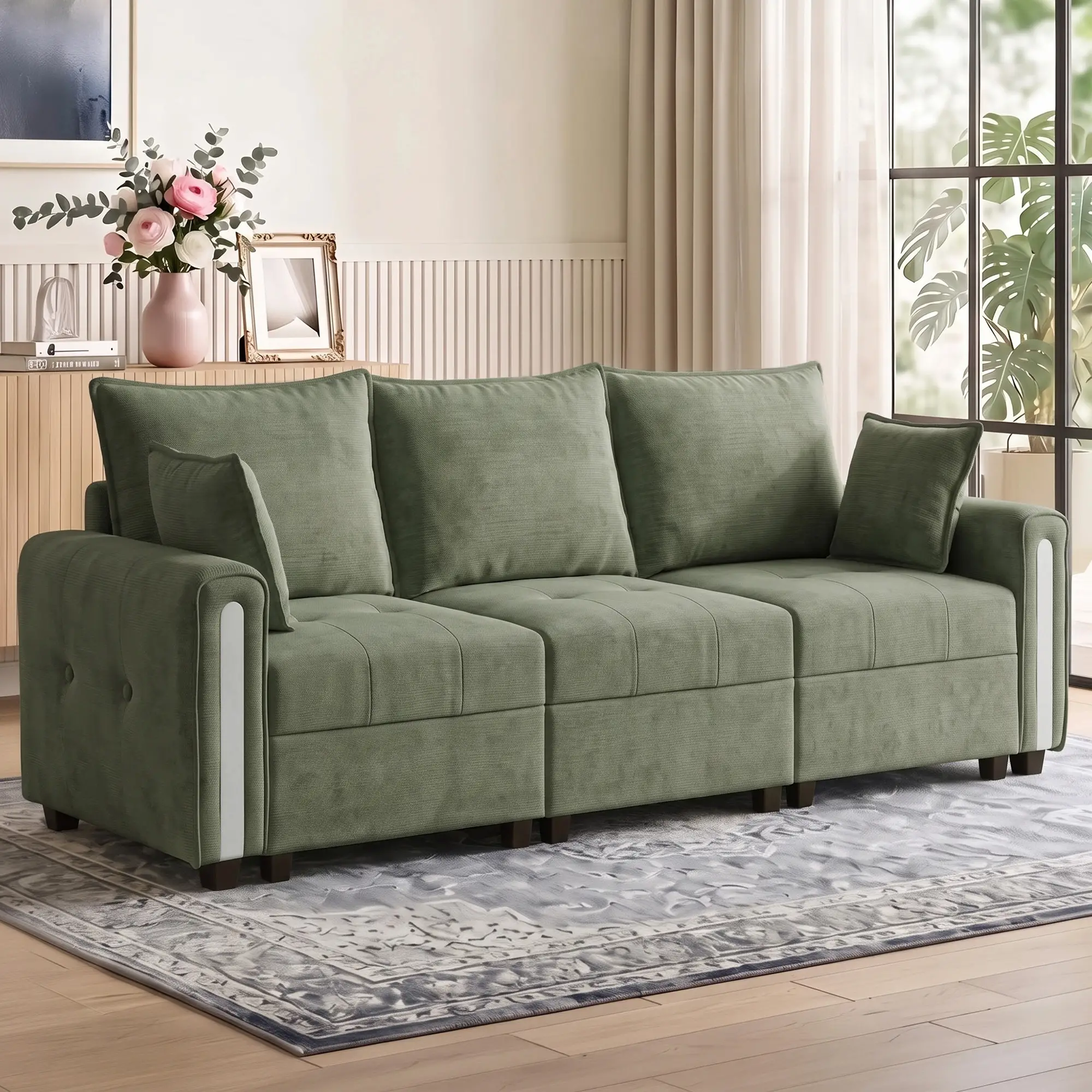 3 Seater Velvet Sofa 228 x 85 x 88cm - Dark Green, Black - 2